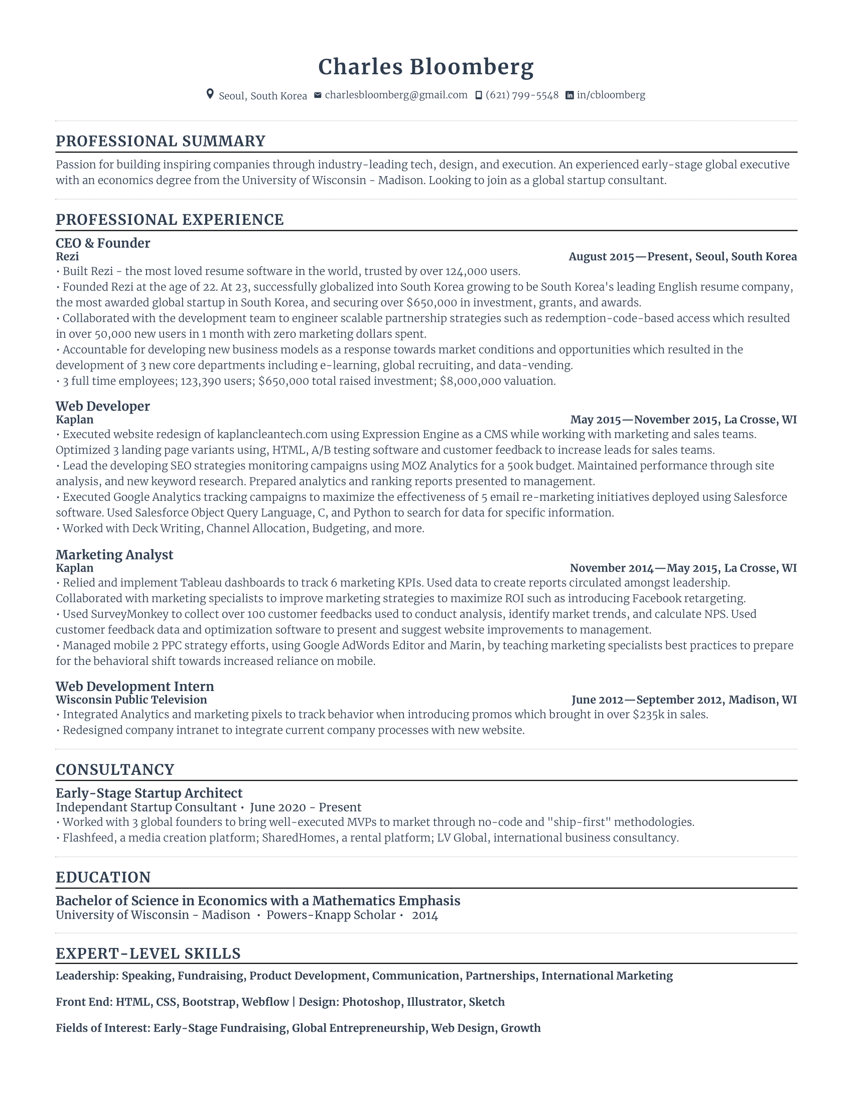 Start-up founder resume with high amount of experience and skills in related fields from various companies.