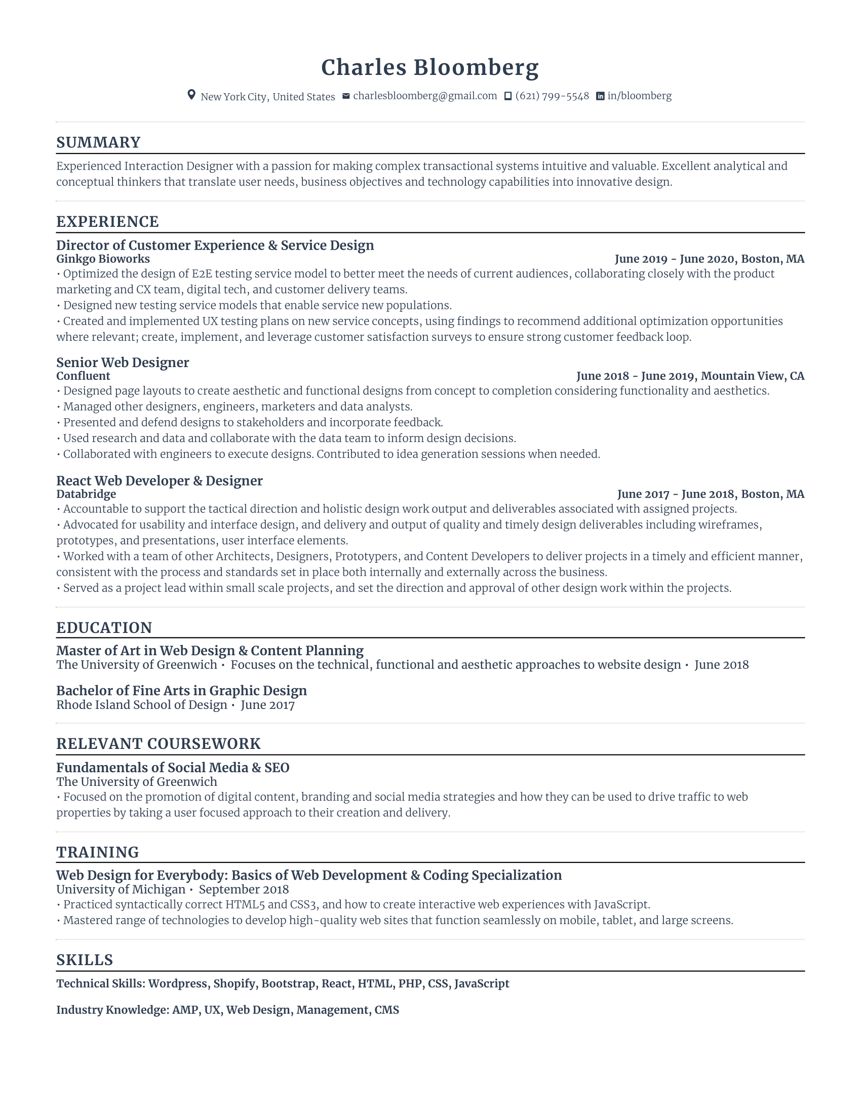 Web designer resume with high amount of experience and skills in related fields from various companies.