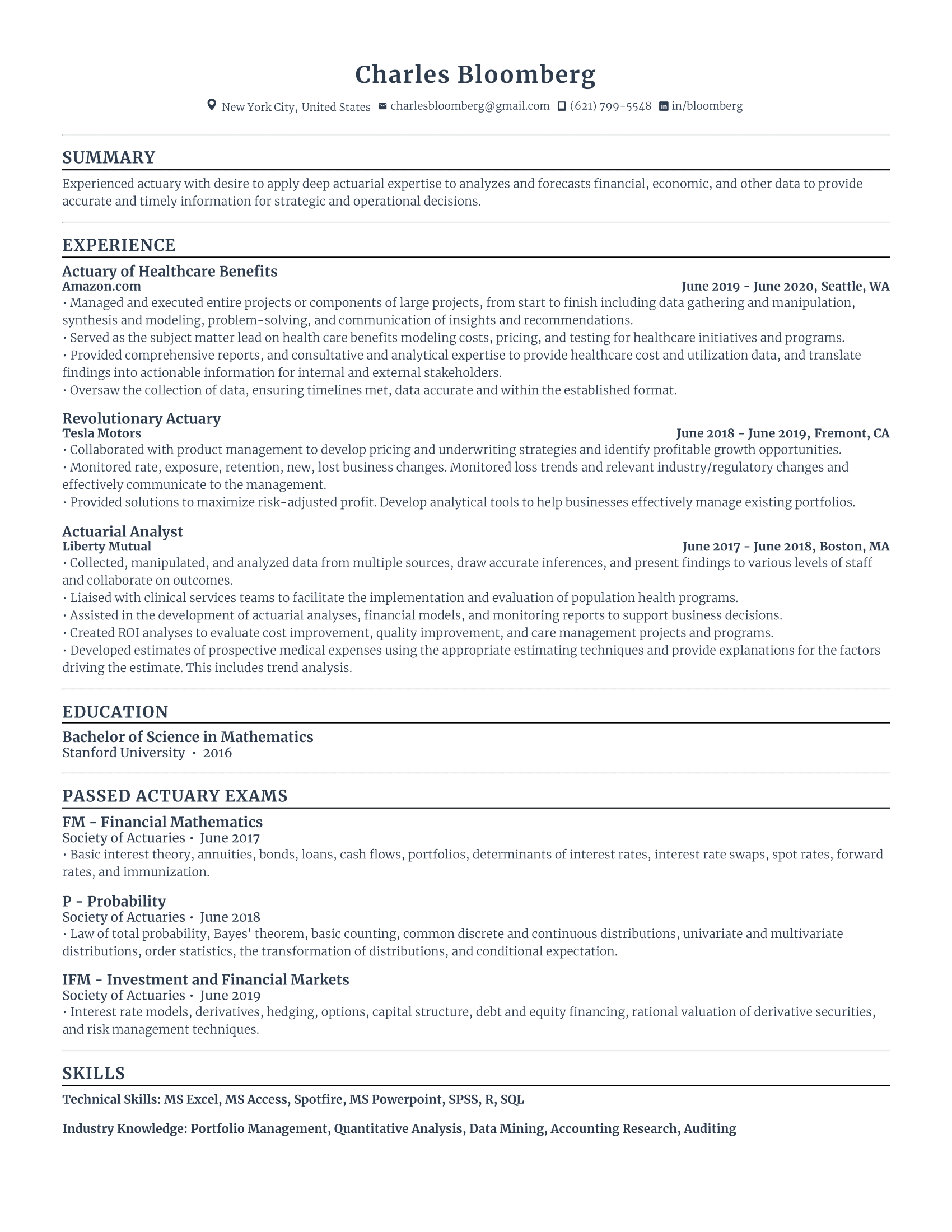actuary resume with high amount of experience and skills in related fields from various companies.