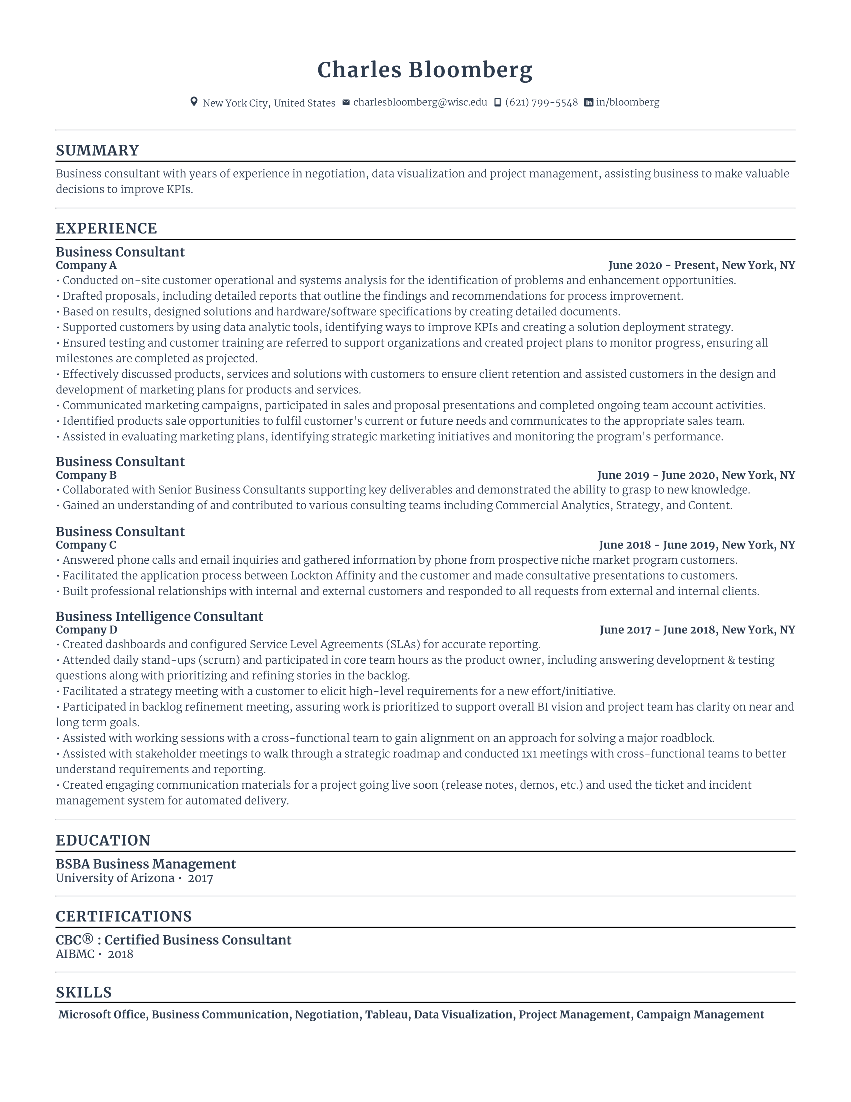 business consultant with high amount of experience and skills in related fields from various companies.