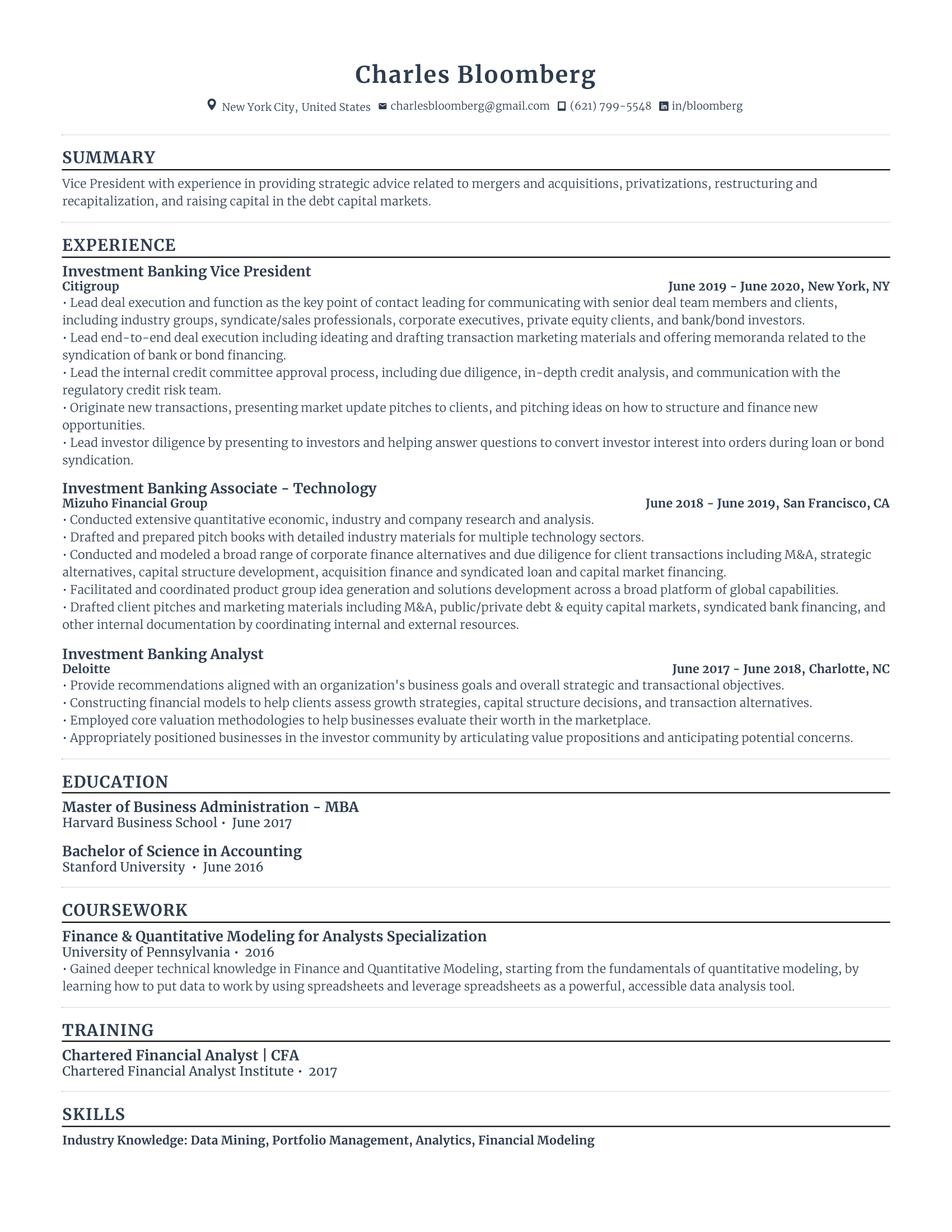investment banking with high amount of experience and skills in related fields from various companies.