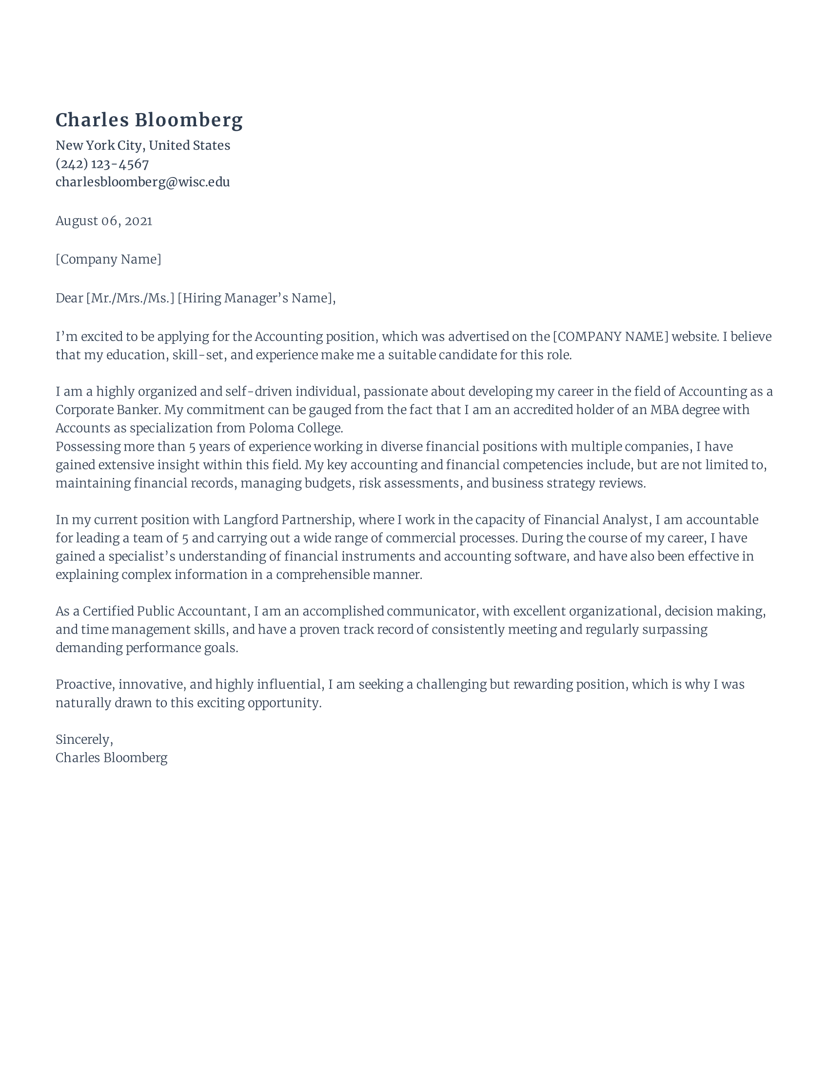 Accountant Cover Letter template example