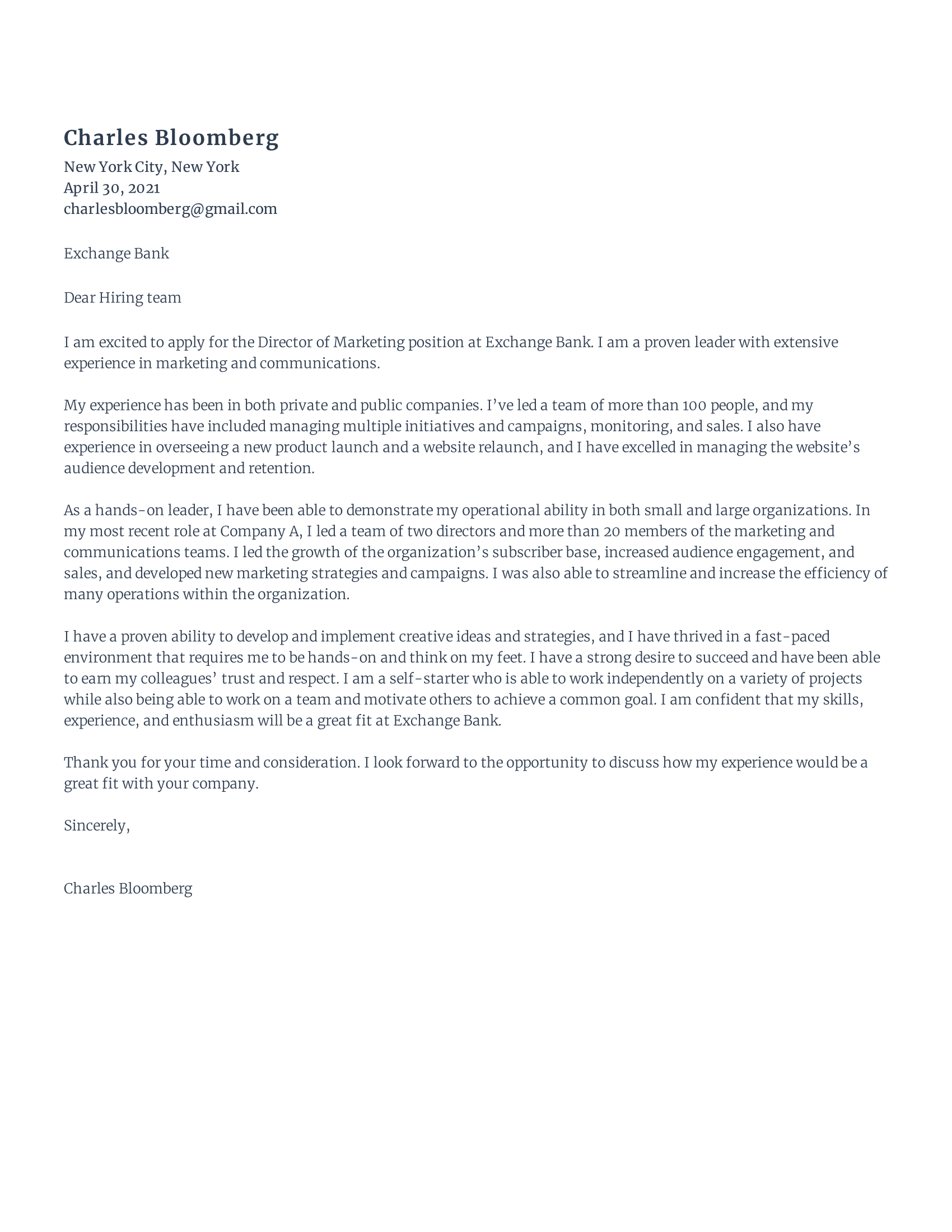 Director of Marketing Cover Letter template example