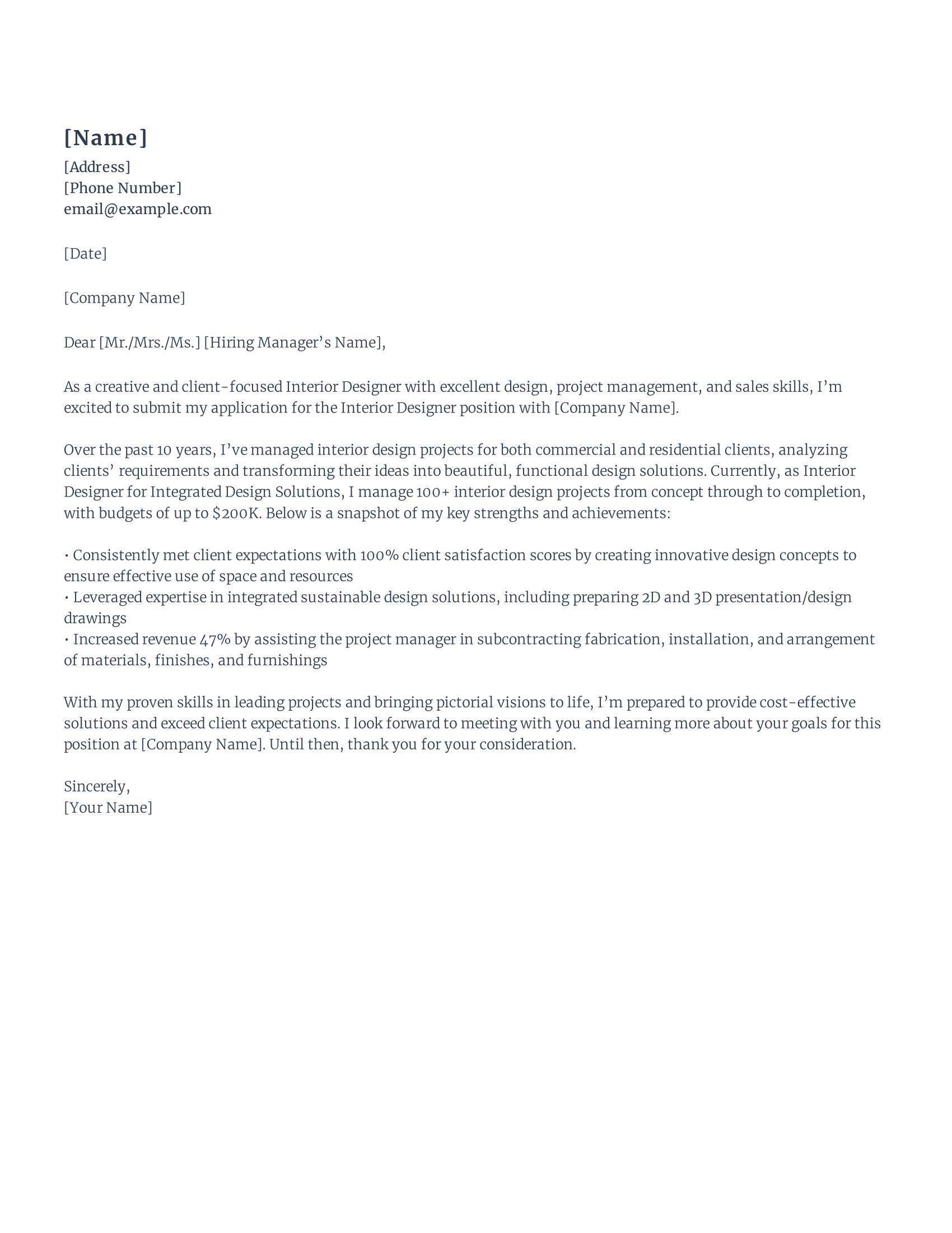 Interior Designer Cover Letter template example
