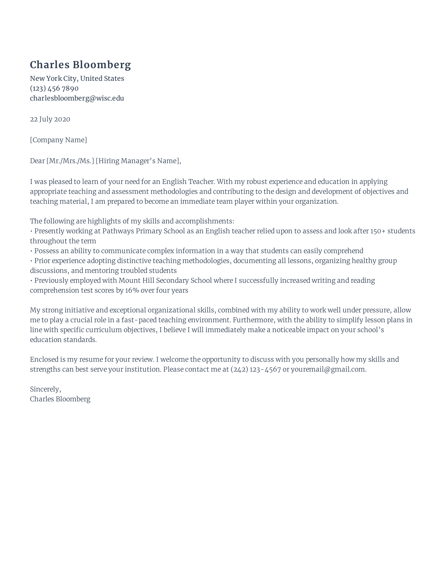 Teacher Cover Letter template example