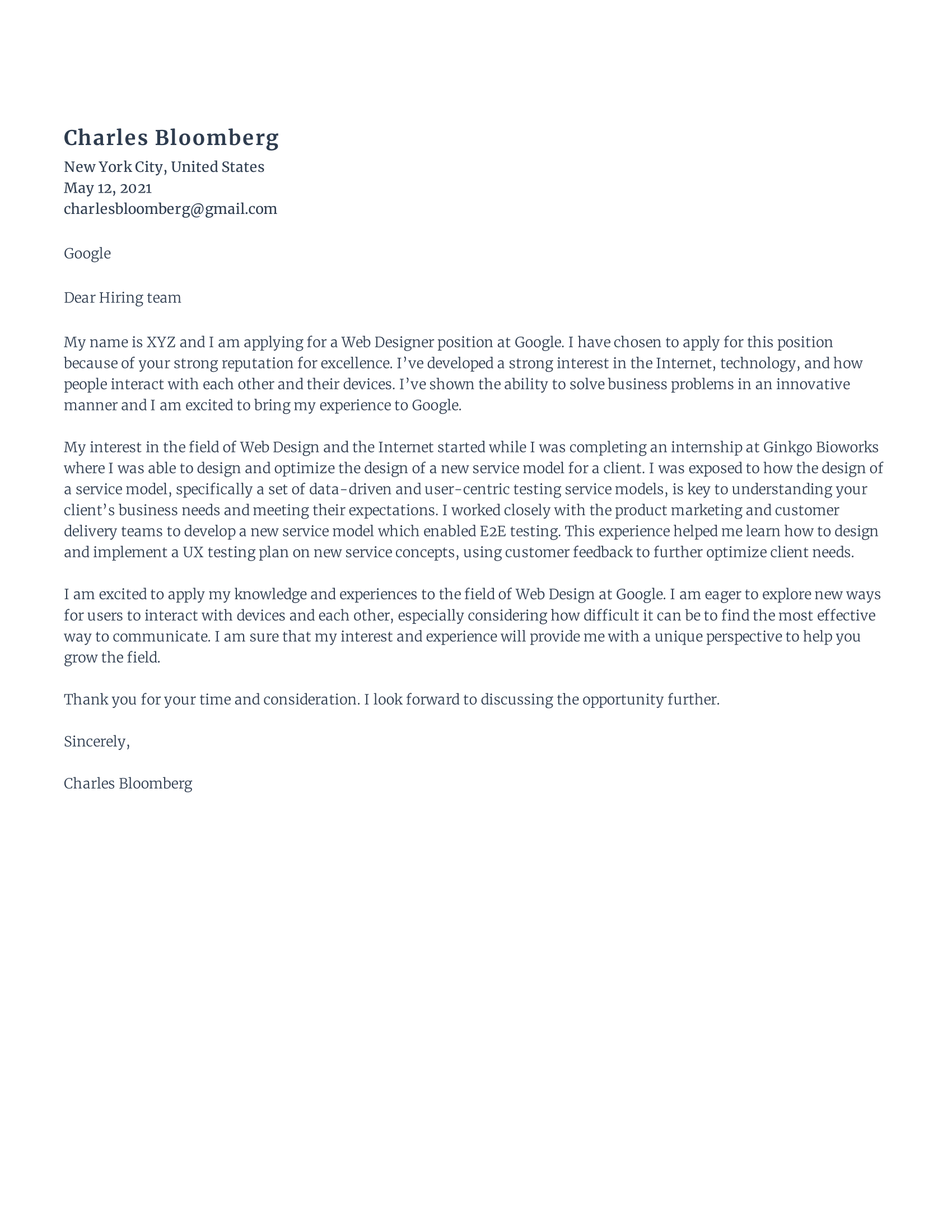 Web Designer Cover Letter template example