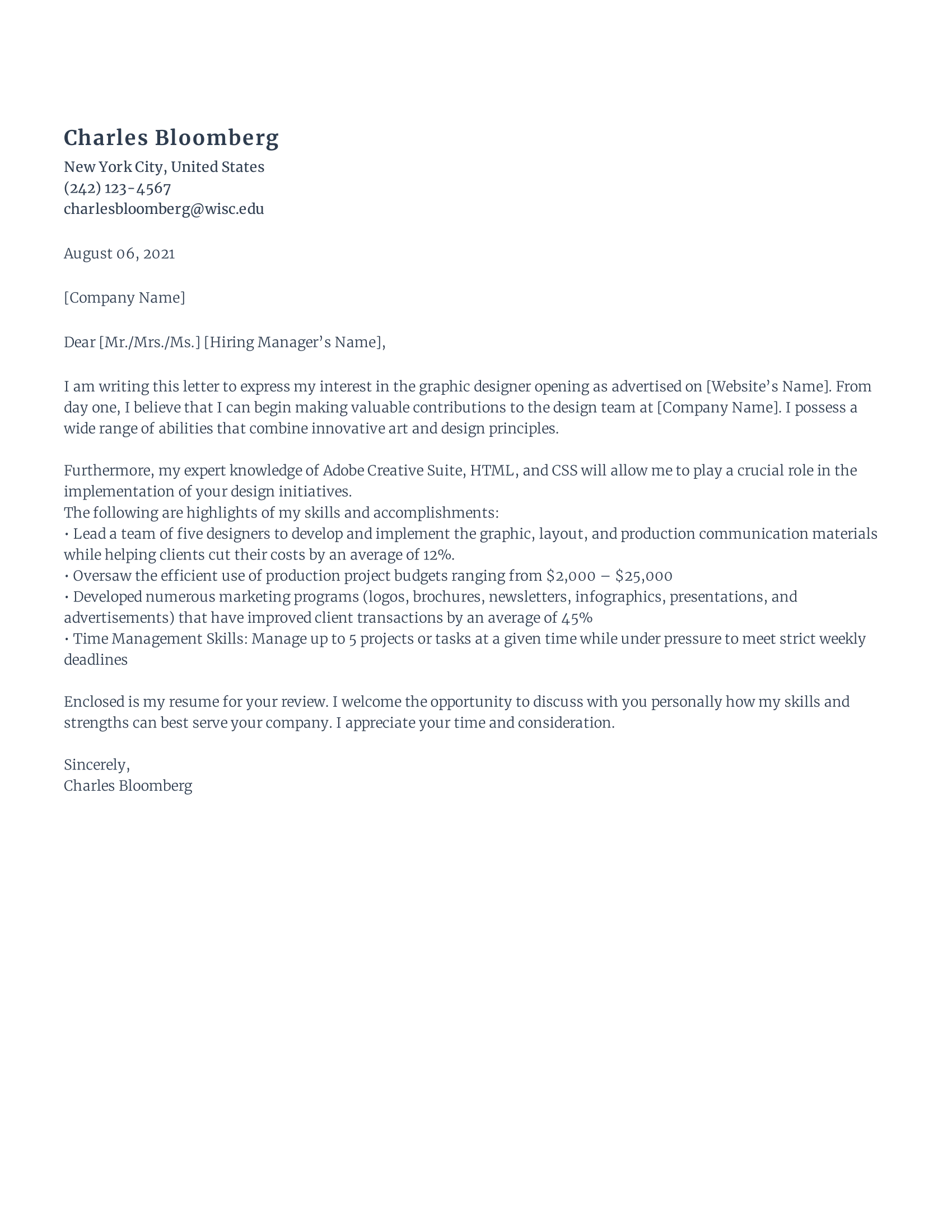 Graphic Designer Cover Letter template example