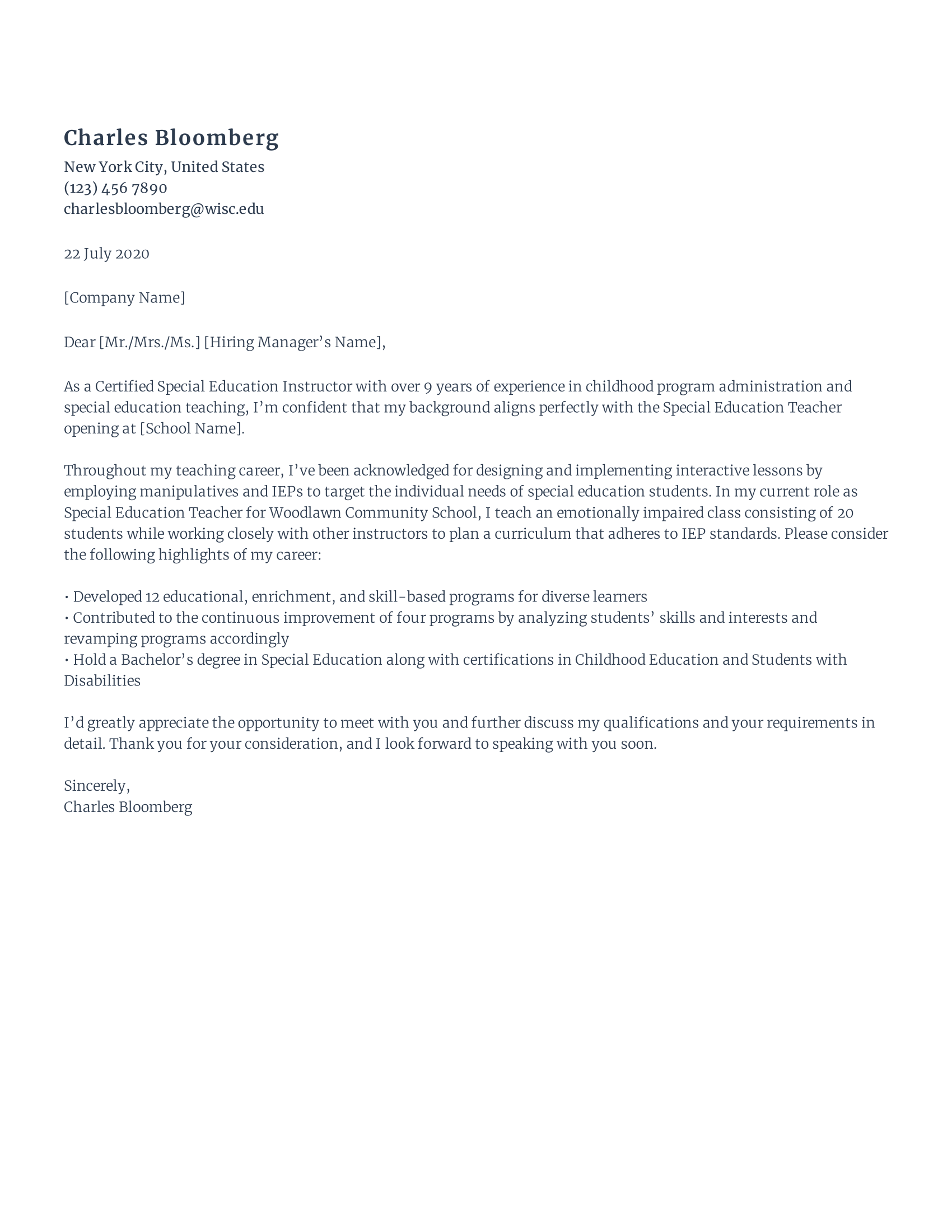 Special education teacher Cover Letter template example