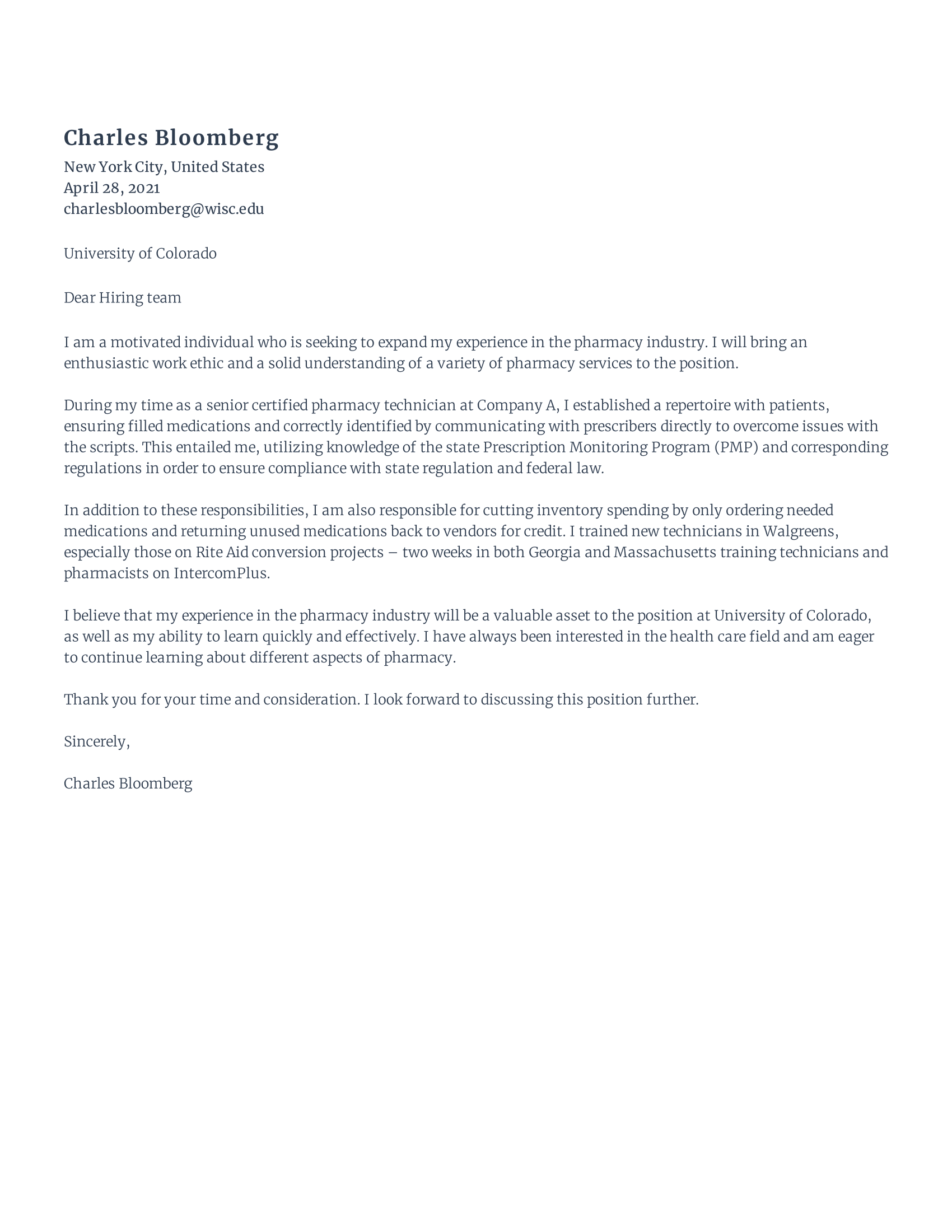 Pharmacy Tech Cover Letter template example