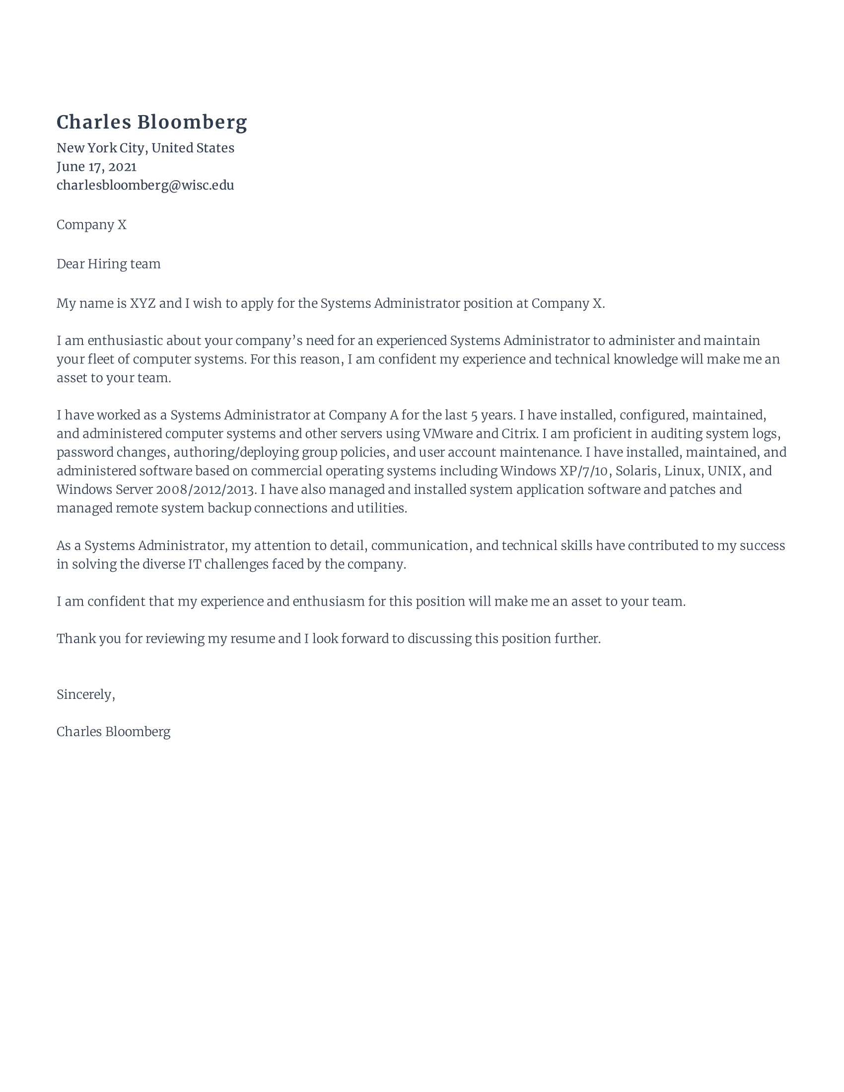 System Administrator Cover Letter template example