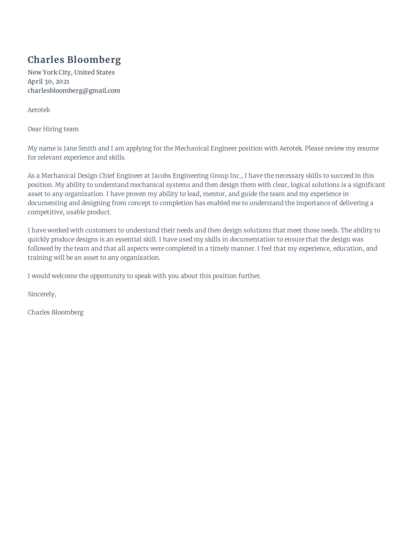 Mechanical engineer Cover Letter template example