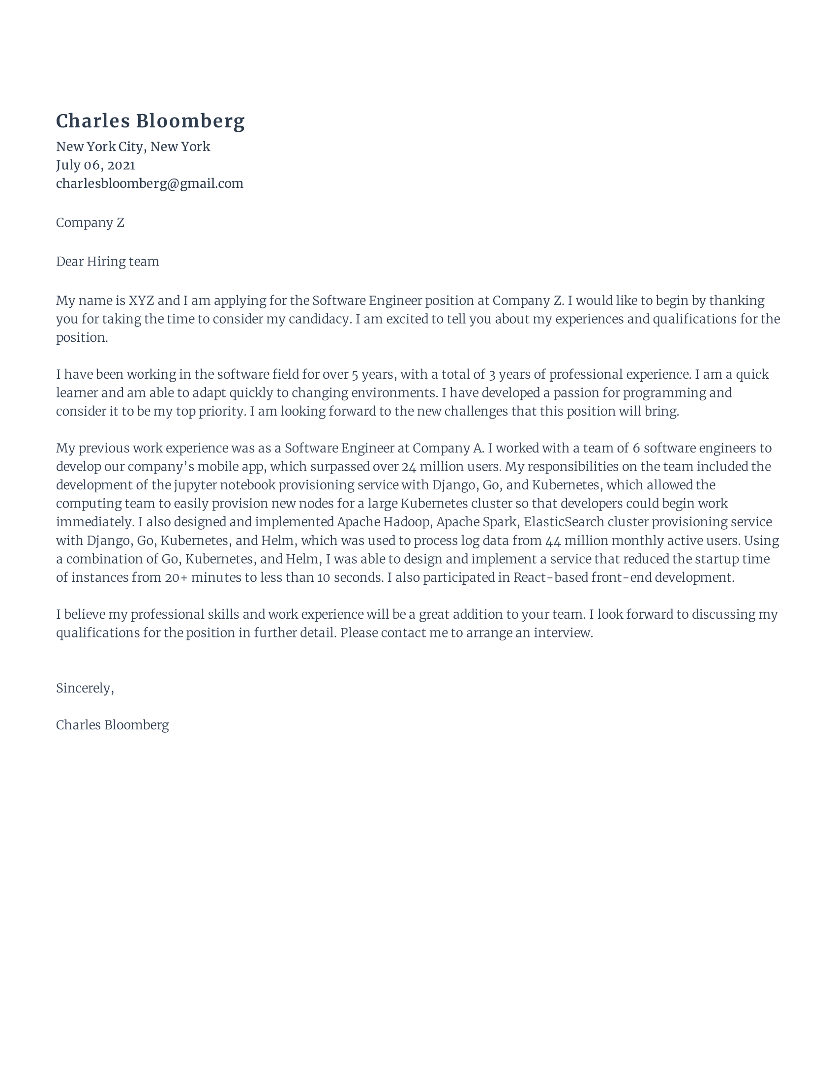 Software engineer Cover Letter template example