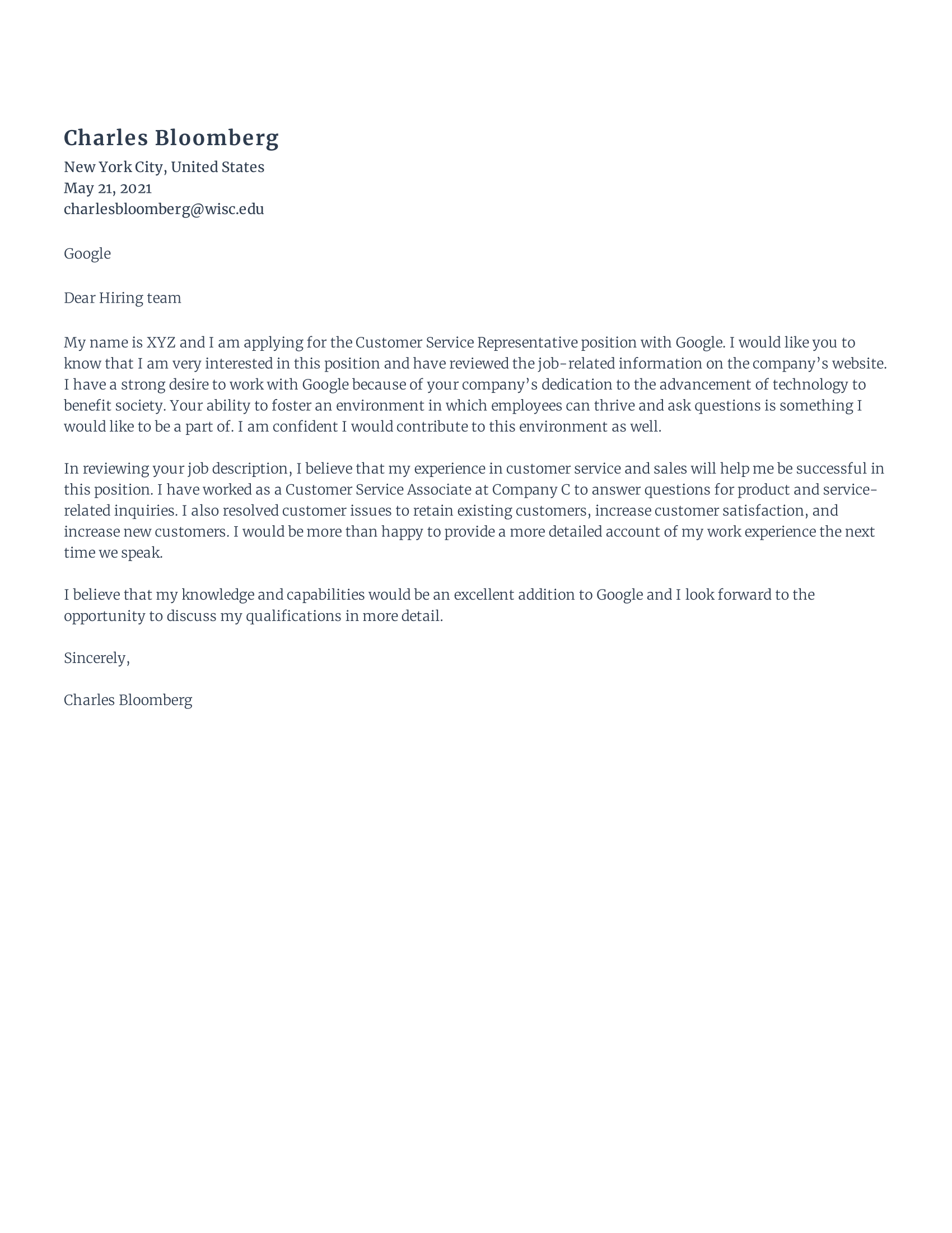 Customer service representative Cover Letter template example