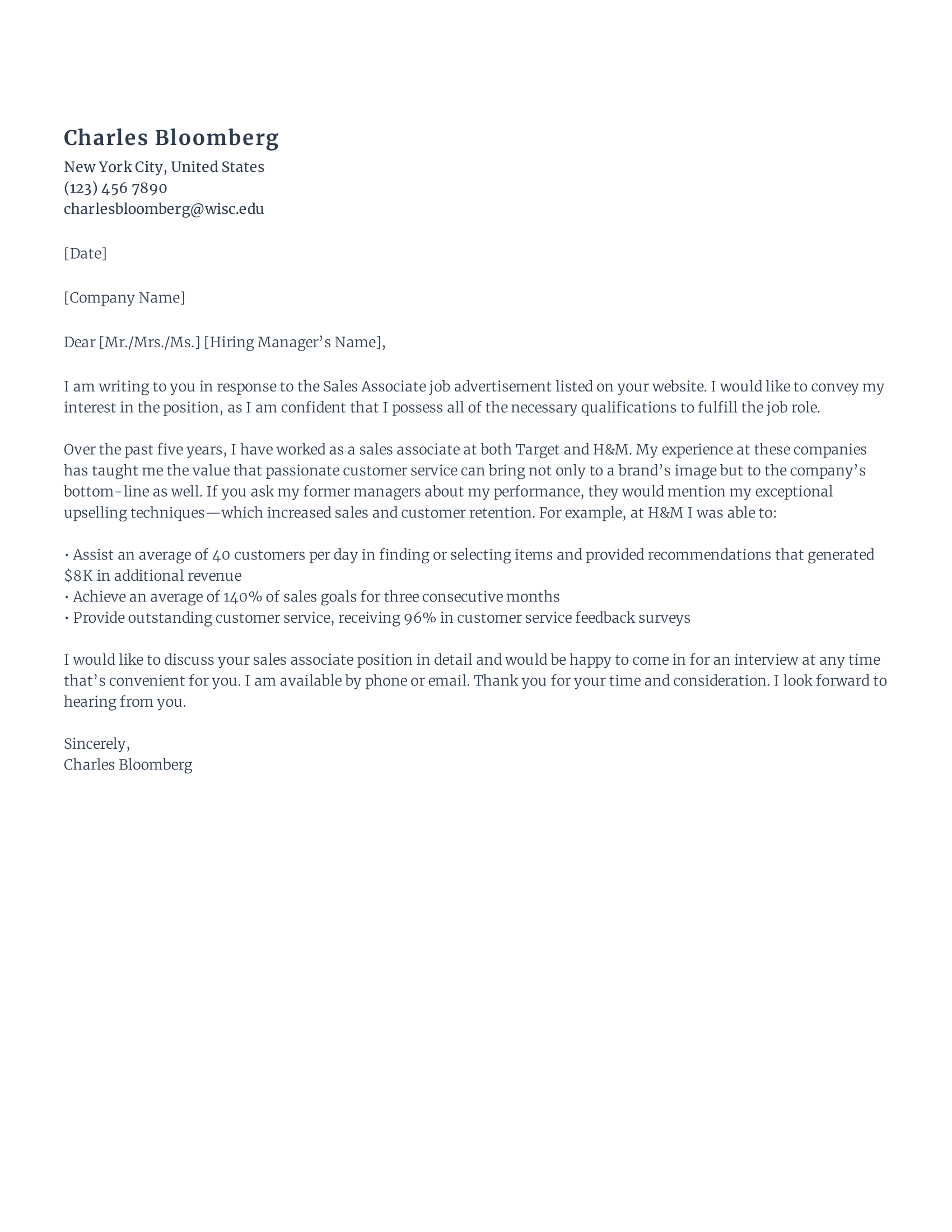 Retail sales associate Cover Letter template example