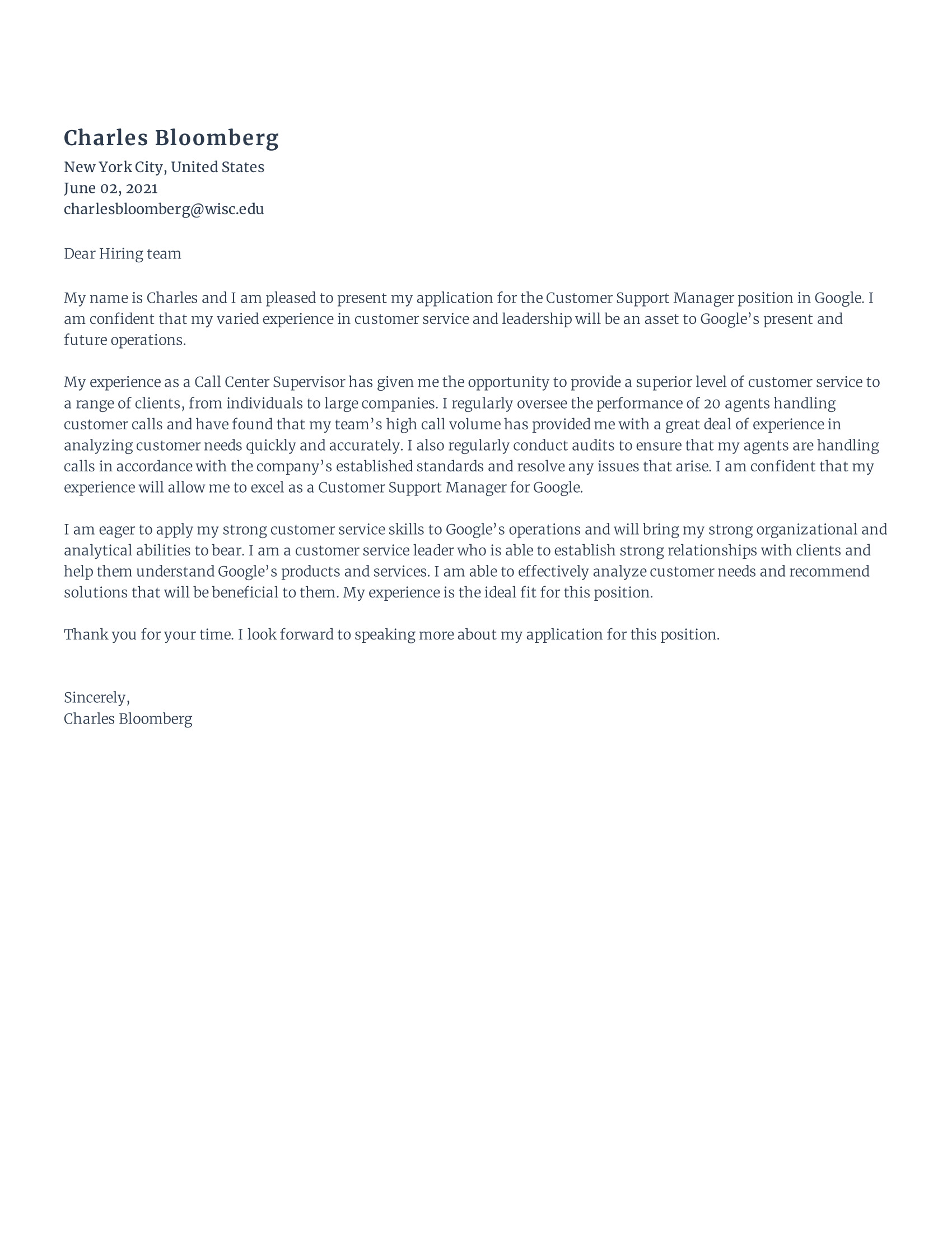 Customer support Cover Letter template example
