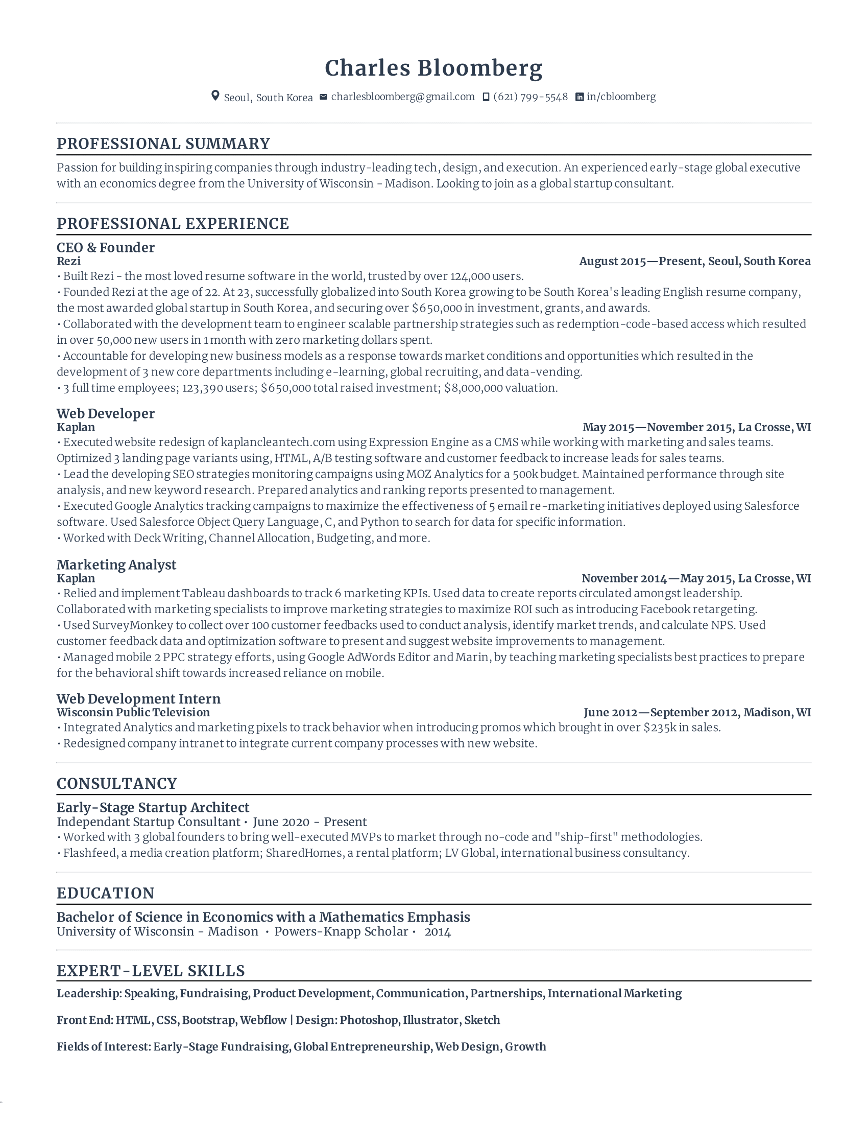 Rezi standard resume template is 100% ats friendly and ready to be used for any job application
