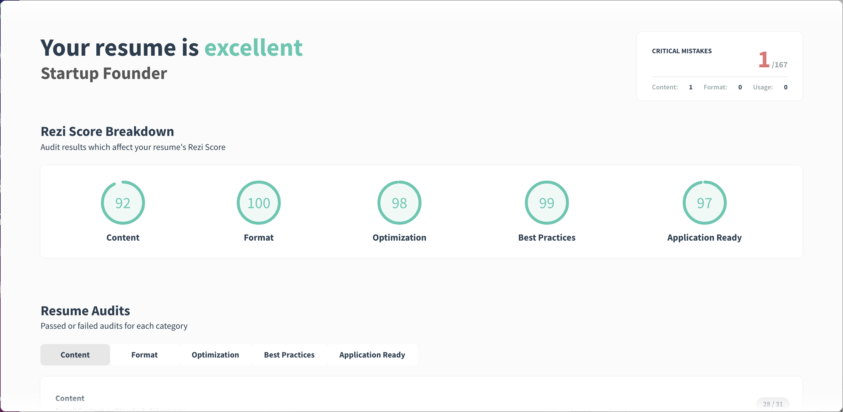 Rezi score shows how far you are from perfecting your resume. Higher the score the better. Usually a score of 90+ shows an excellent resume.