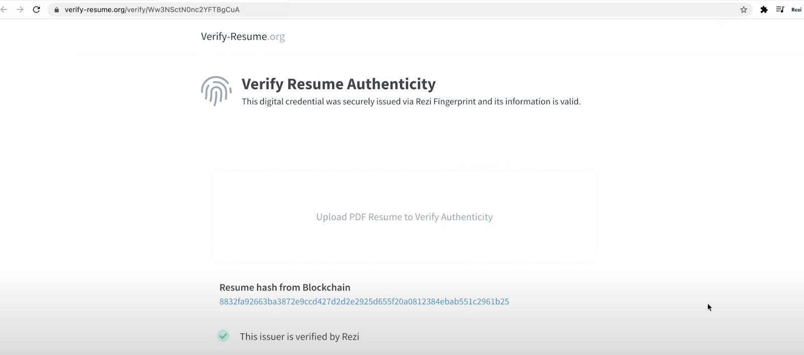 At the bottom of your downloaded PDF resume, click on the link provided and you’ll be led to a page where the resume is hashed. Meaning, the information can now be verified.