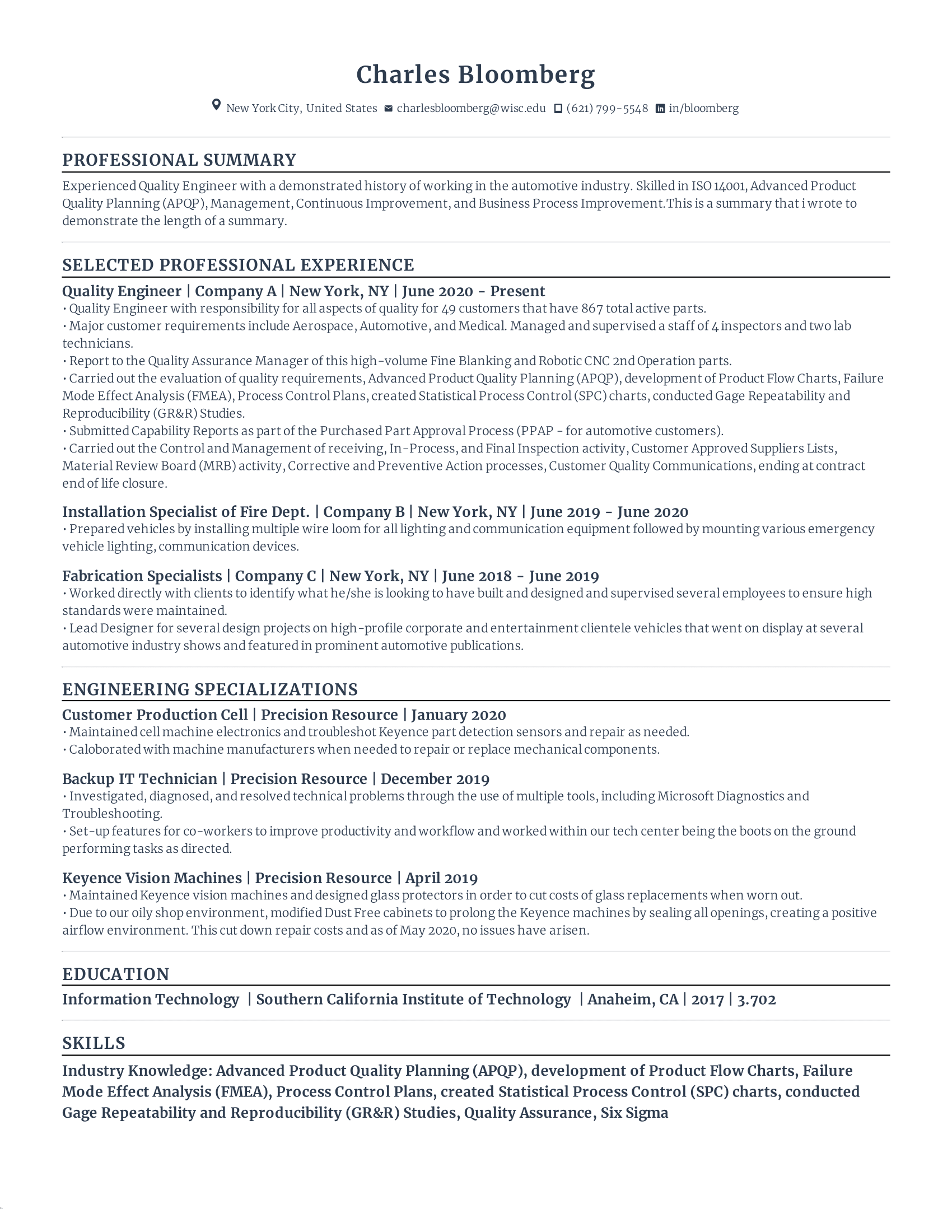 Quality Engineer resume sample for reverse chronological resume