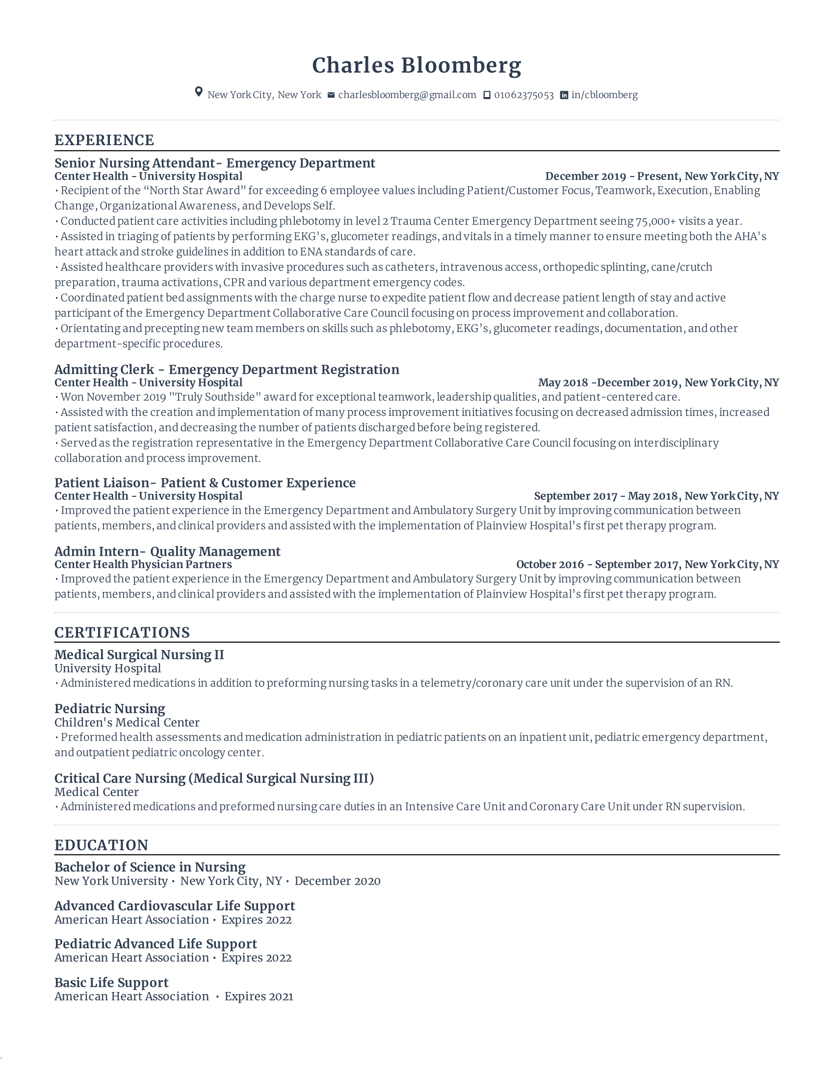 Nurse resume sample for reverse chronological resume