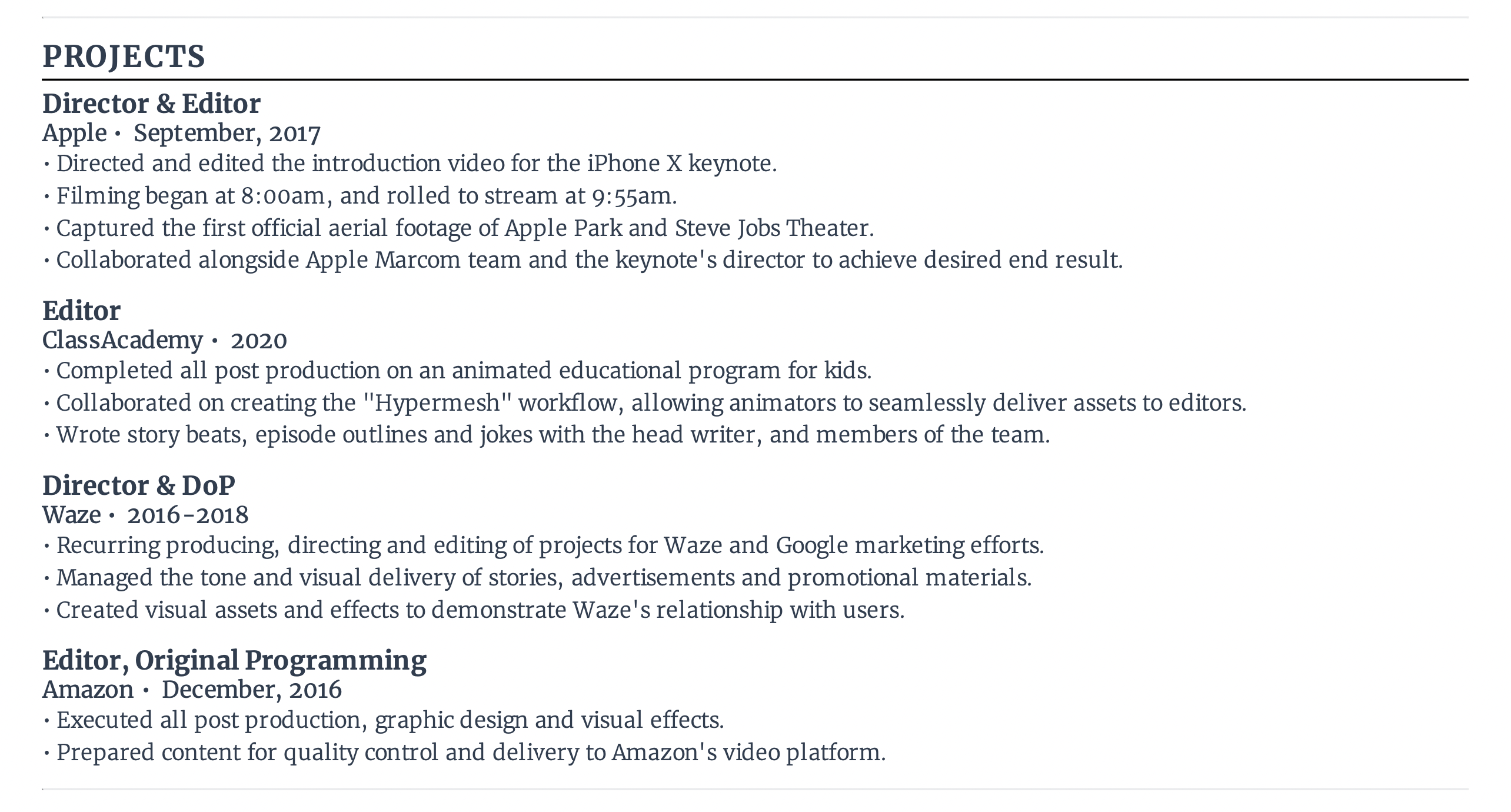 creative producer project section for reverse chronological resume