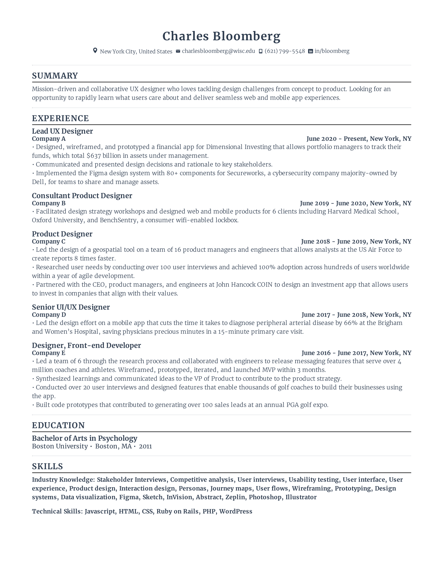Free Lead UX Designer Resume Sample - Rezi