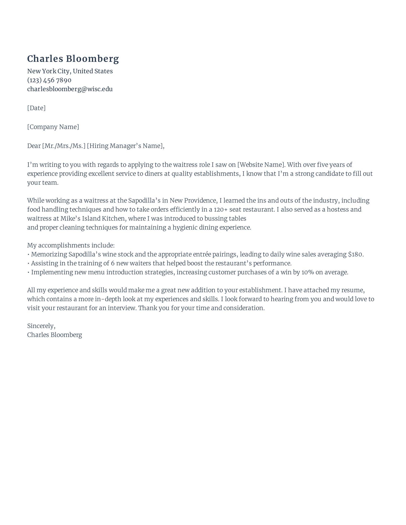 Rezi Waiter Waitress Cover Letter Template
