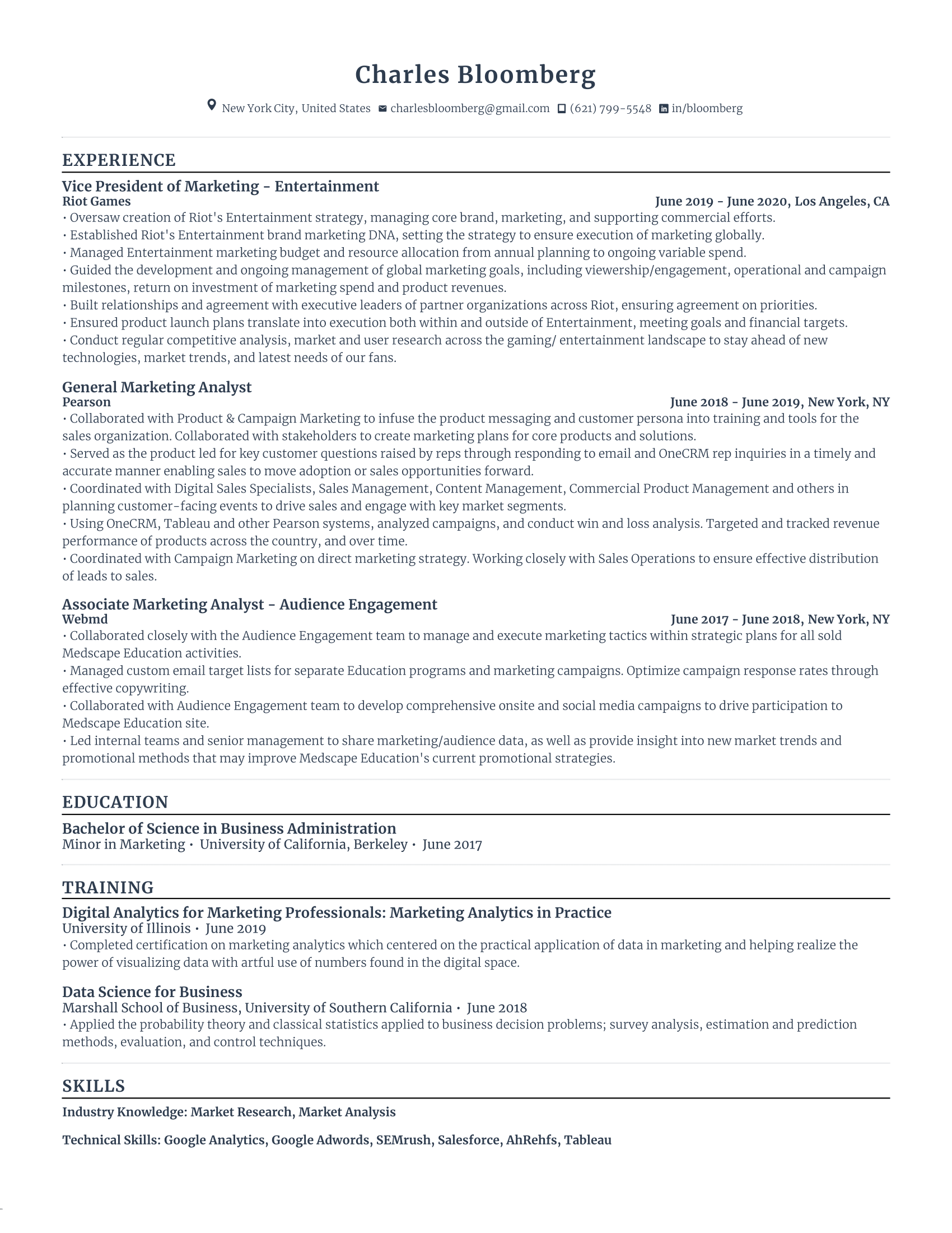 Marketing Analyst with high amount of experience and skills in related fields from various companies.