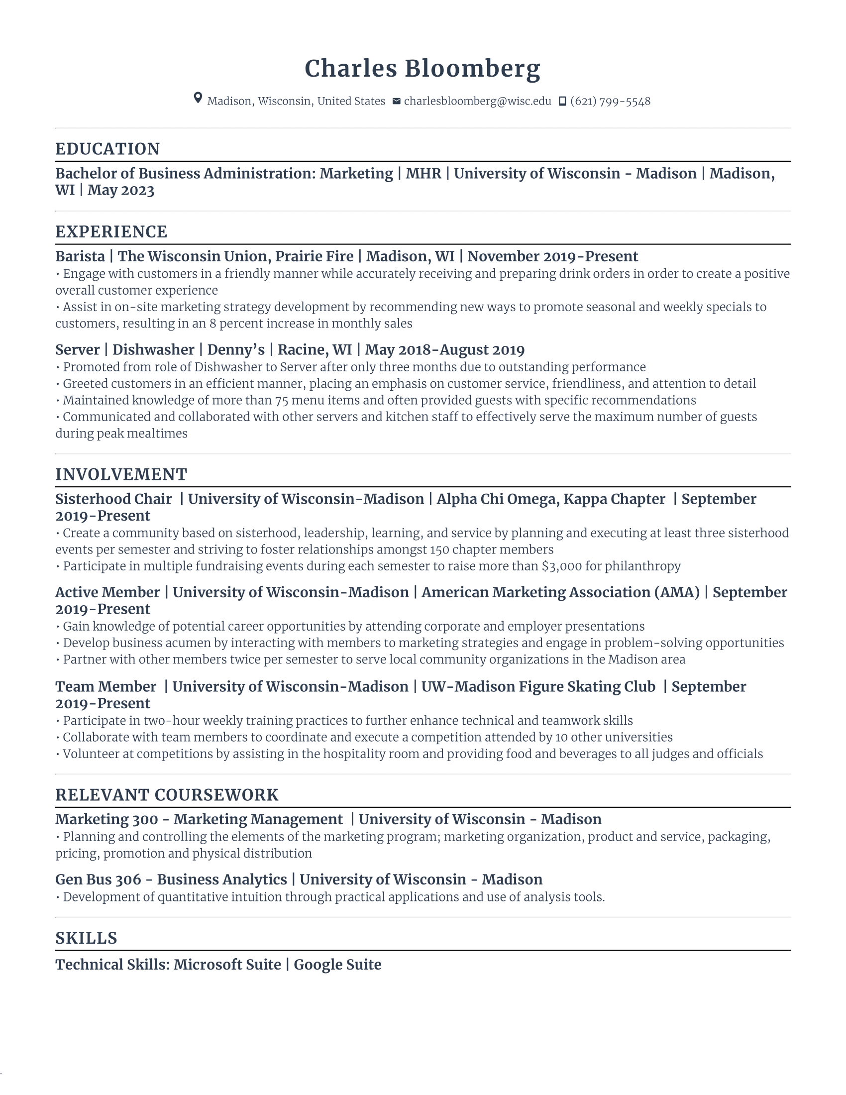 first year student resume template with low level experience, concentrating on recent education, internships, and other extra curricular experiences.