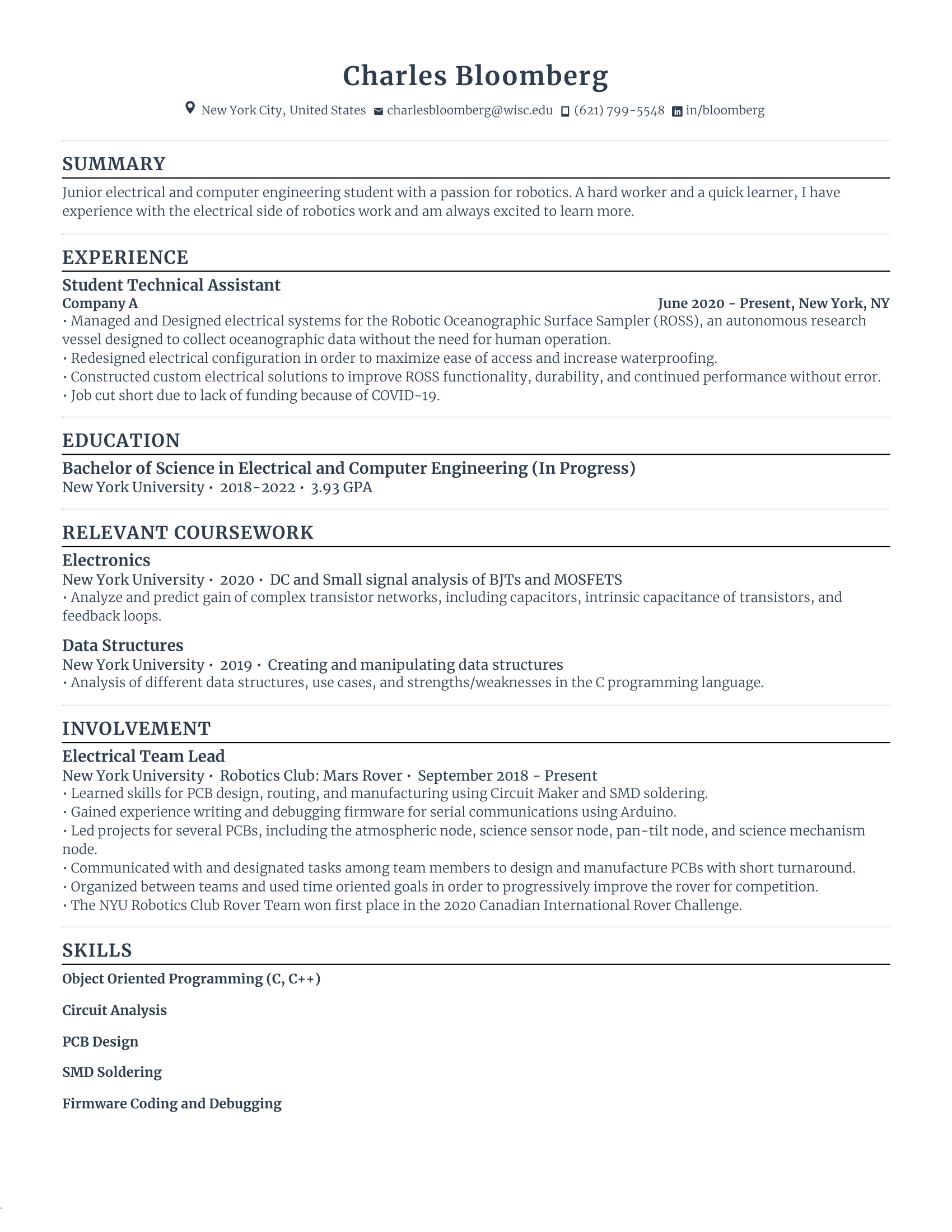 student technical assistant student resume template with low level experience, concentrating on recent education, internships, and other extra curricular experiences.