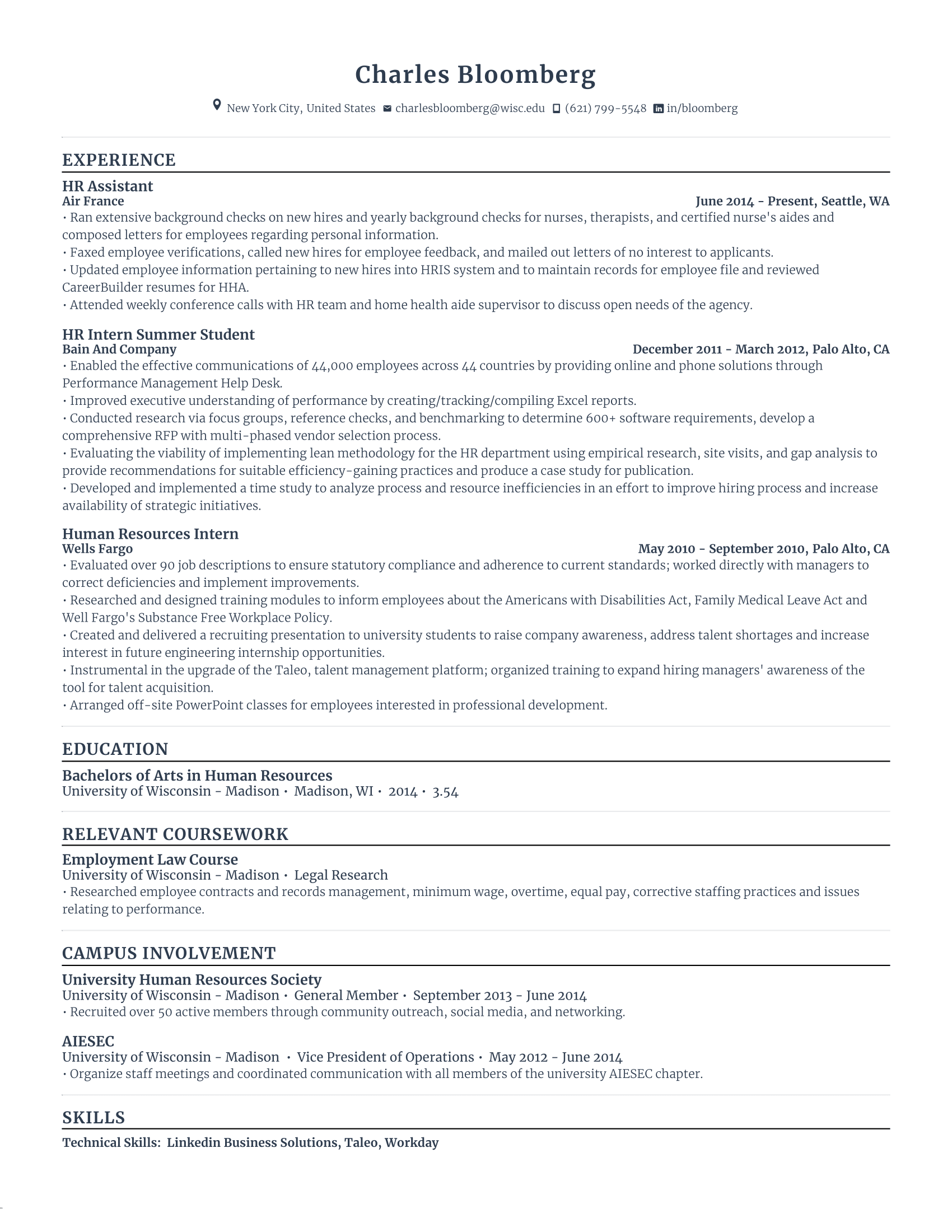 Human resources Resume with high amount of experience and skills in related fields from various companies.