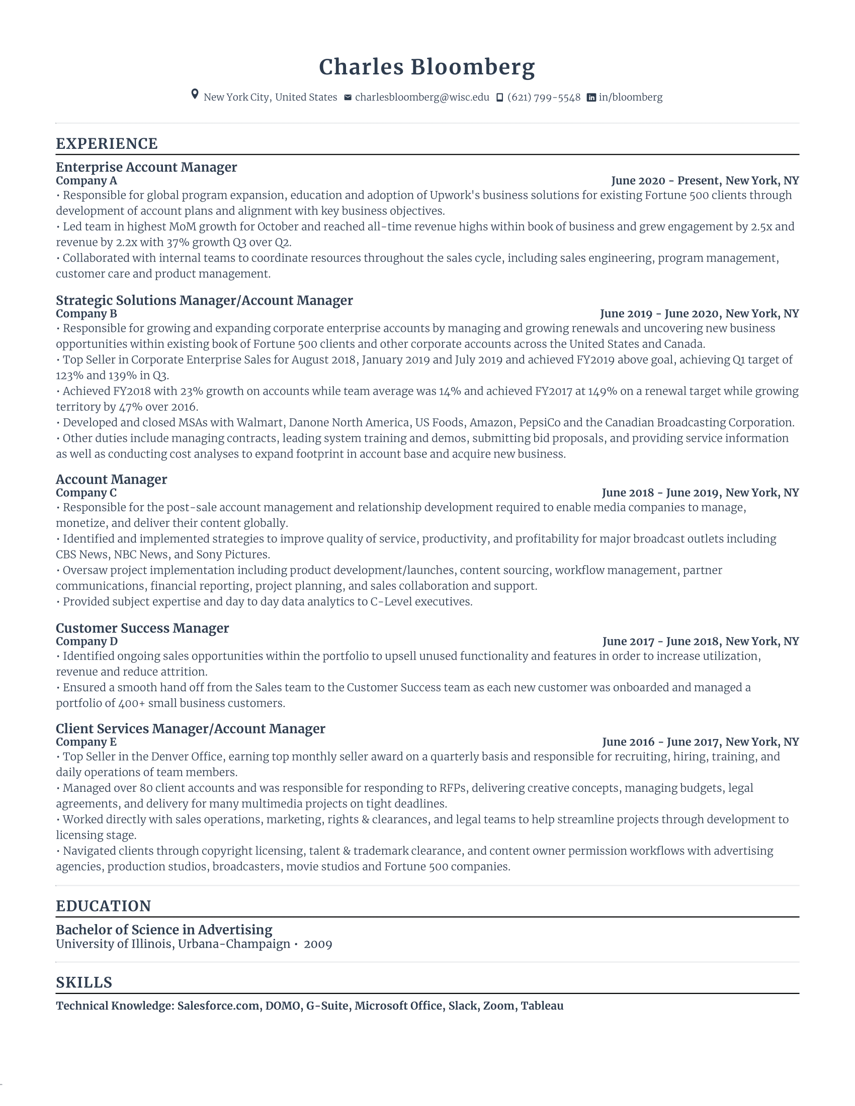 Account Manger Resume with high amount of experience and skills in related fields from various companies.