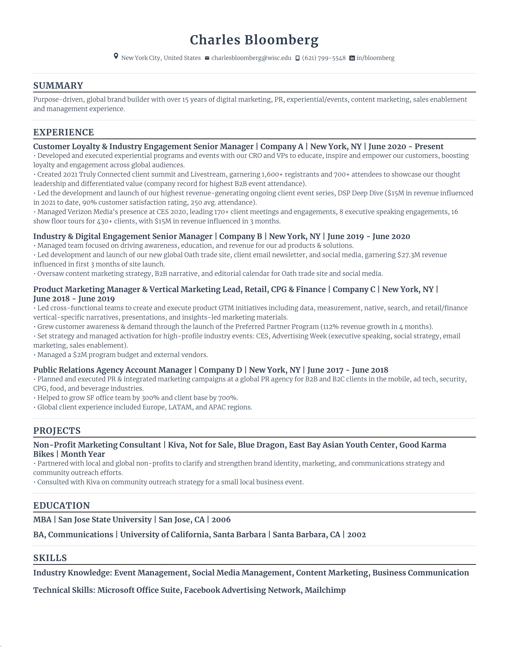 Product Marketing Manager Resume with high amount of experience and skills in related fields from various companies.