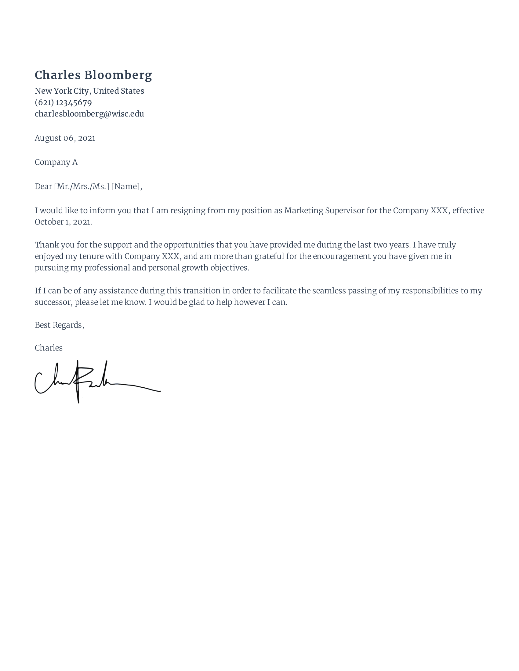 Formal Resignation Letter Example