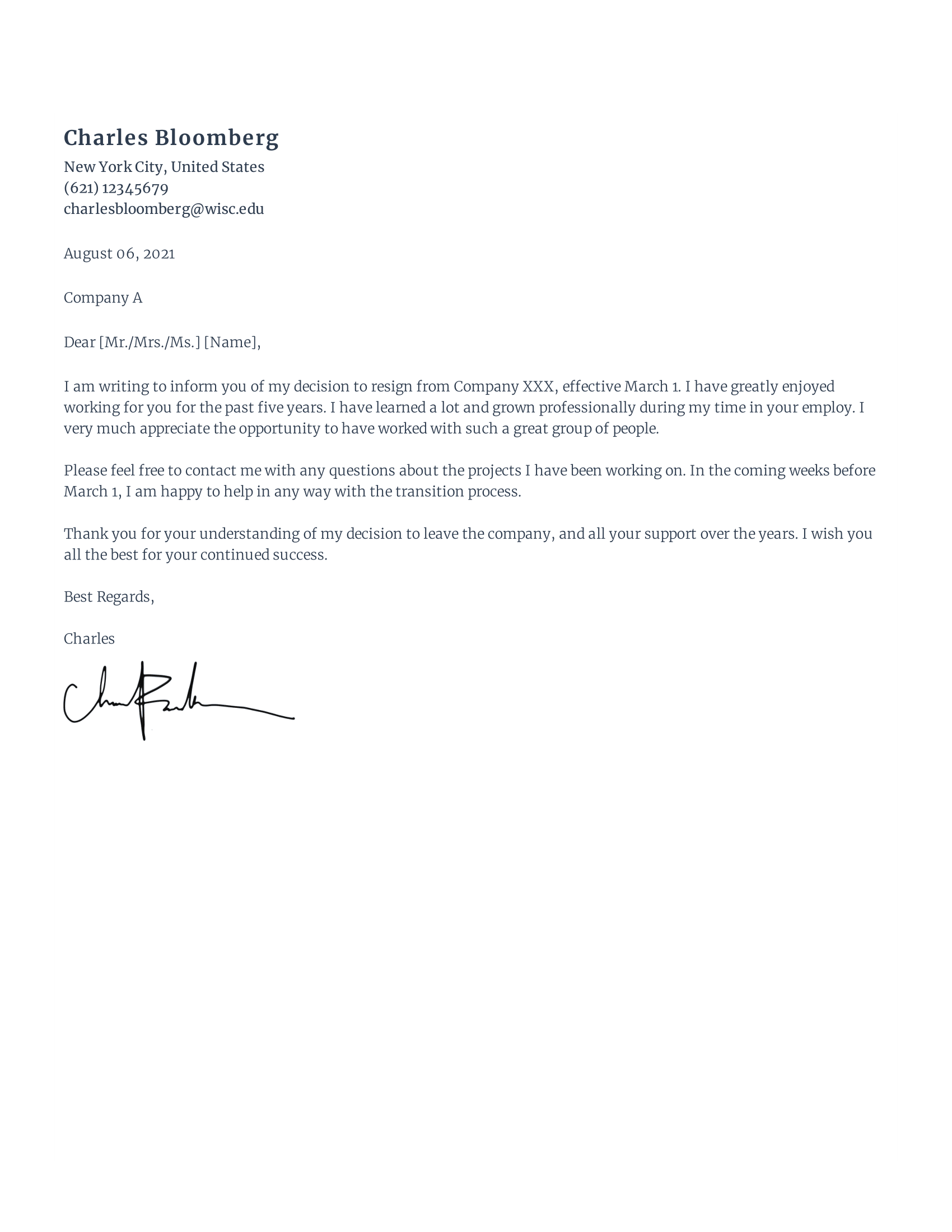 Advance Notice Resignation Letter Example