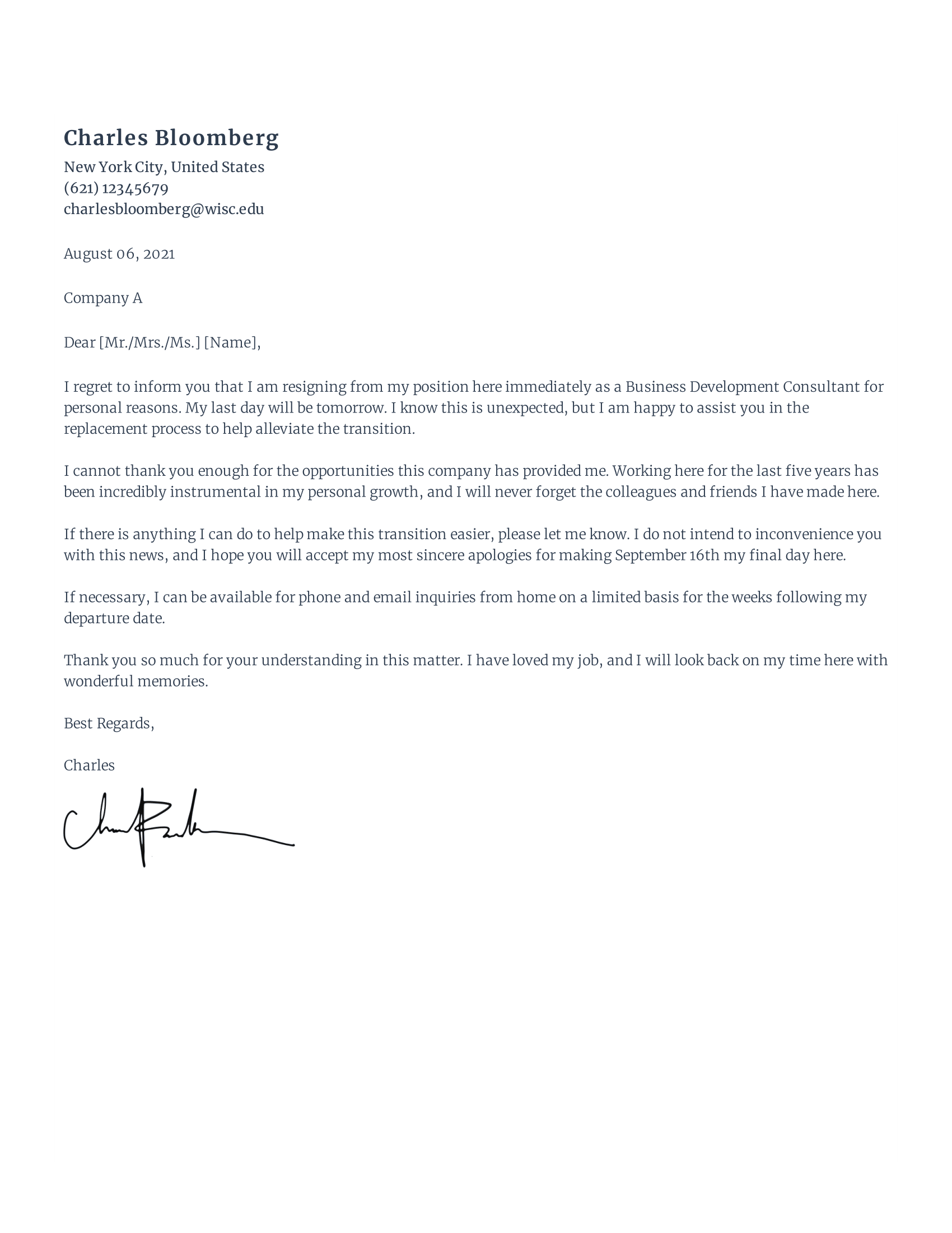 Resignation Letter With Immediate Effect Example for Personal Reasons