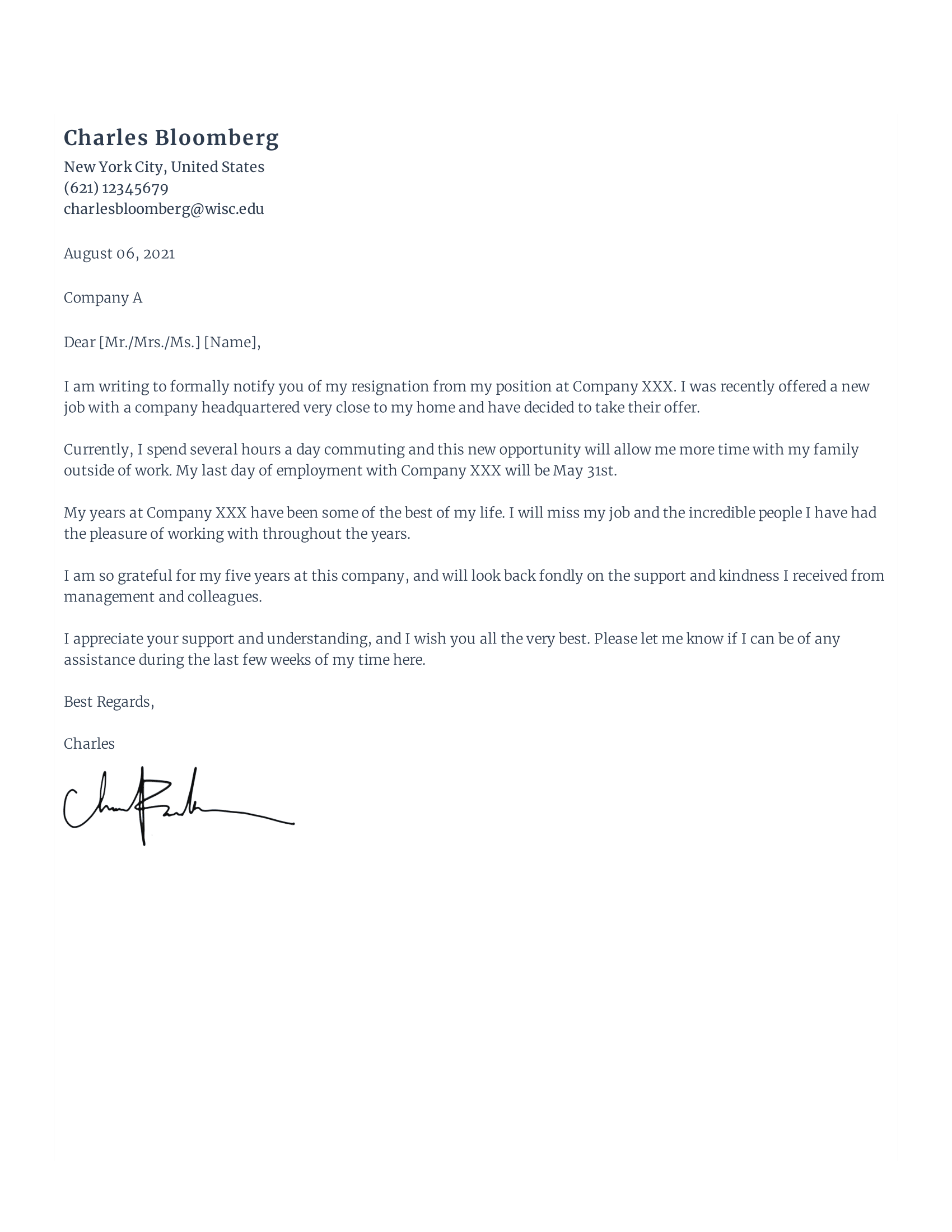 Resignation Letter Example Because of a New Job Opportunity