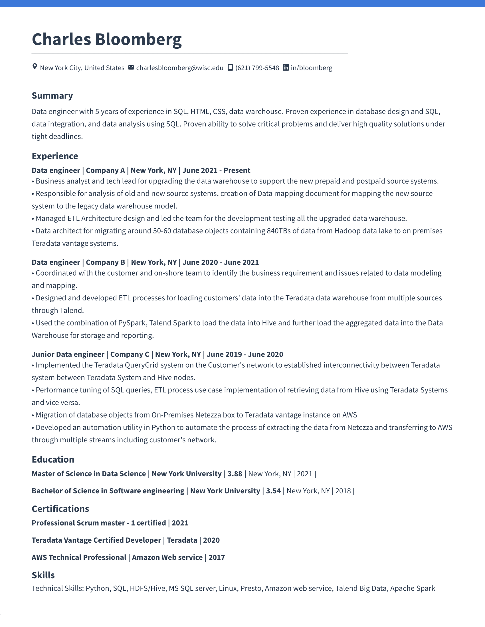 Free Data Engineer Resume Sample - Rezi
