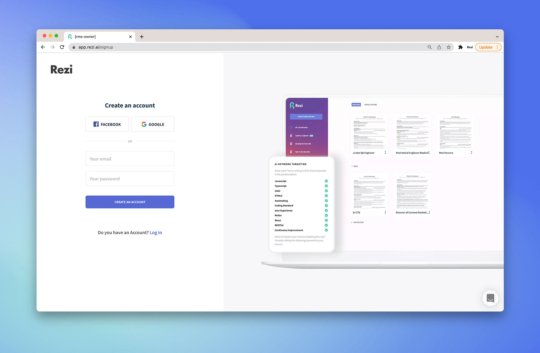 The first step is to create an account on Rezi (it’s free).
