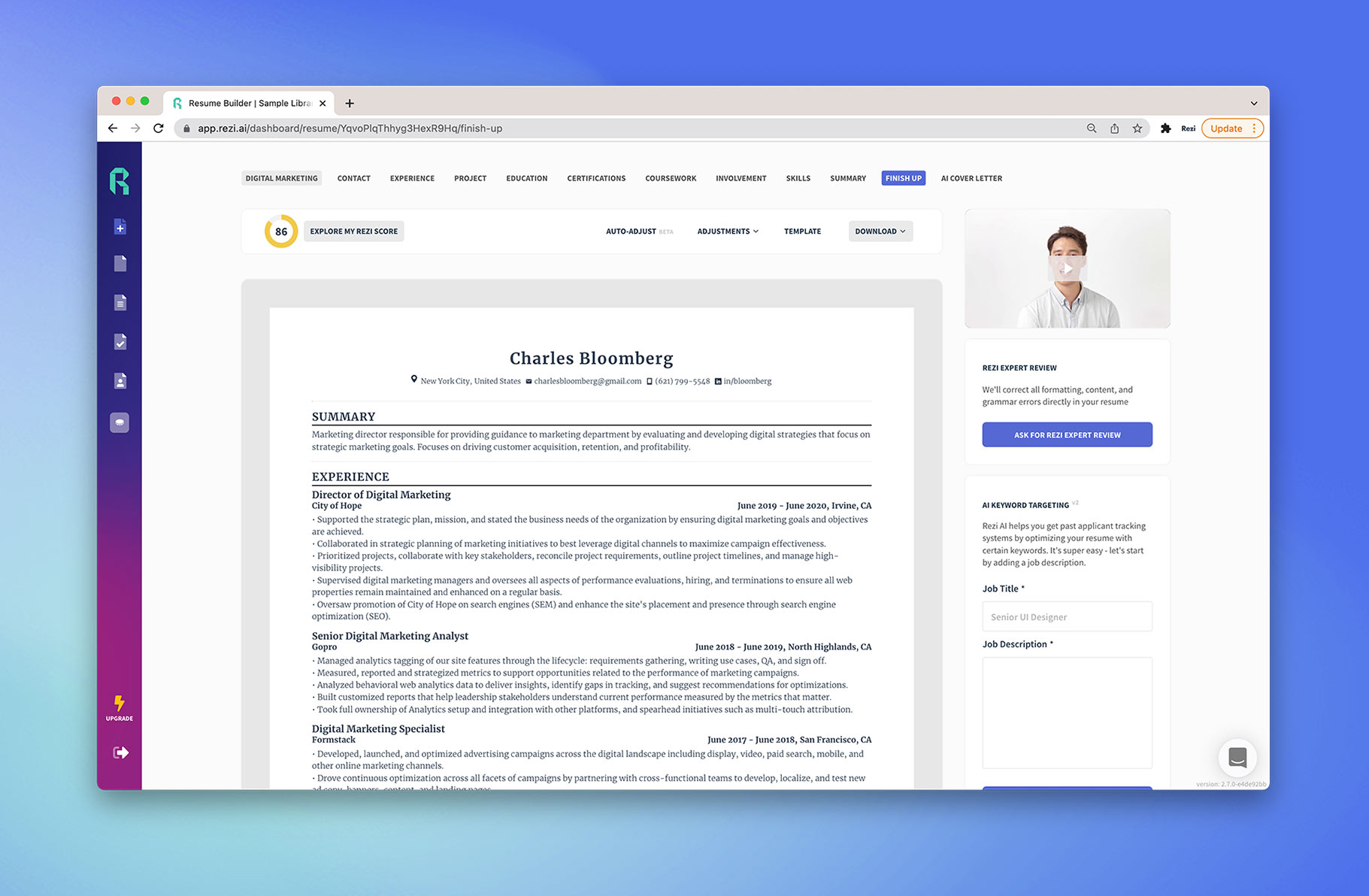Head over to the finish-up tab and you’ll be taken to the resume preview page.