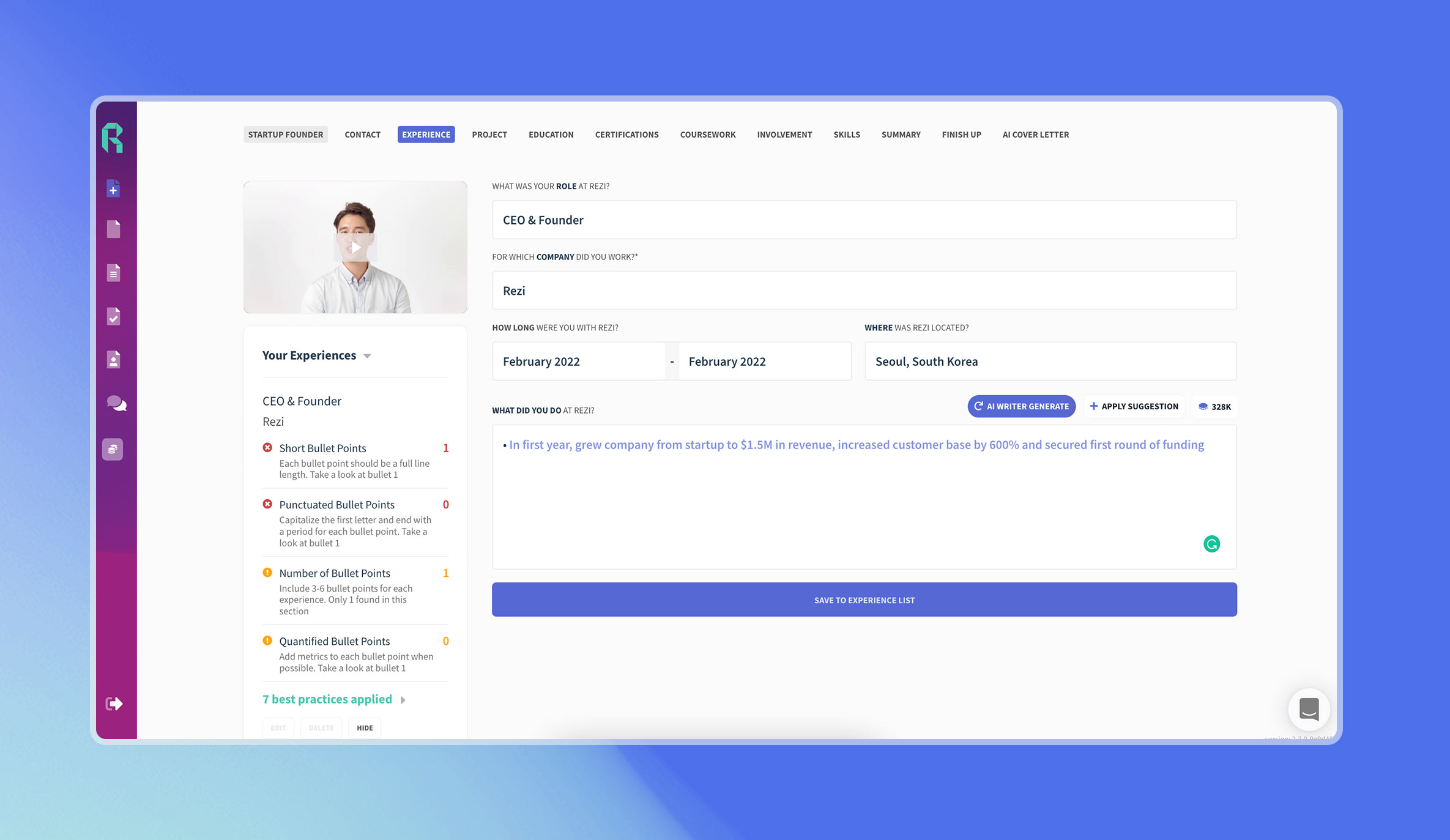 Generate bullet after entering your role, if you like the generated bullet point, apply it to your resume