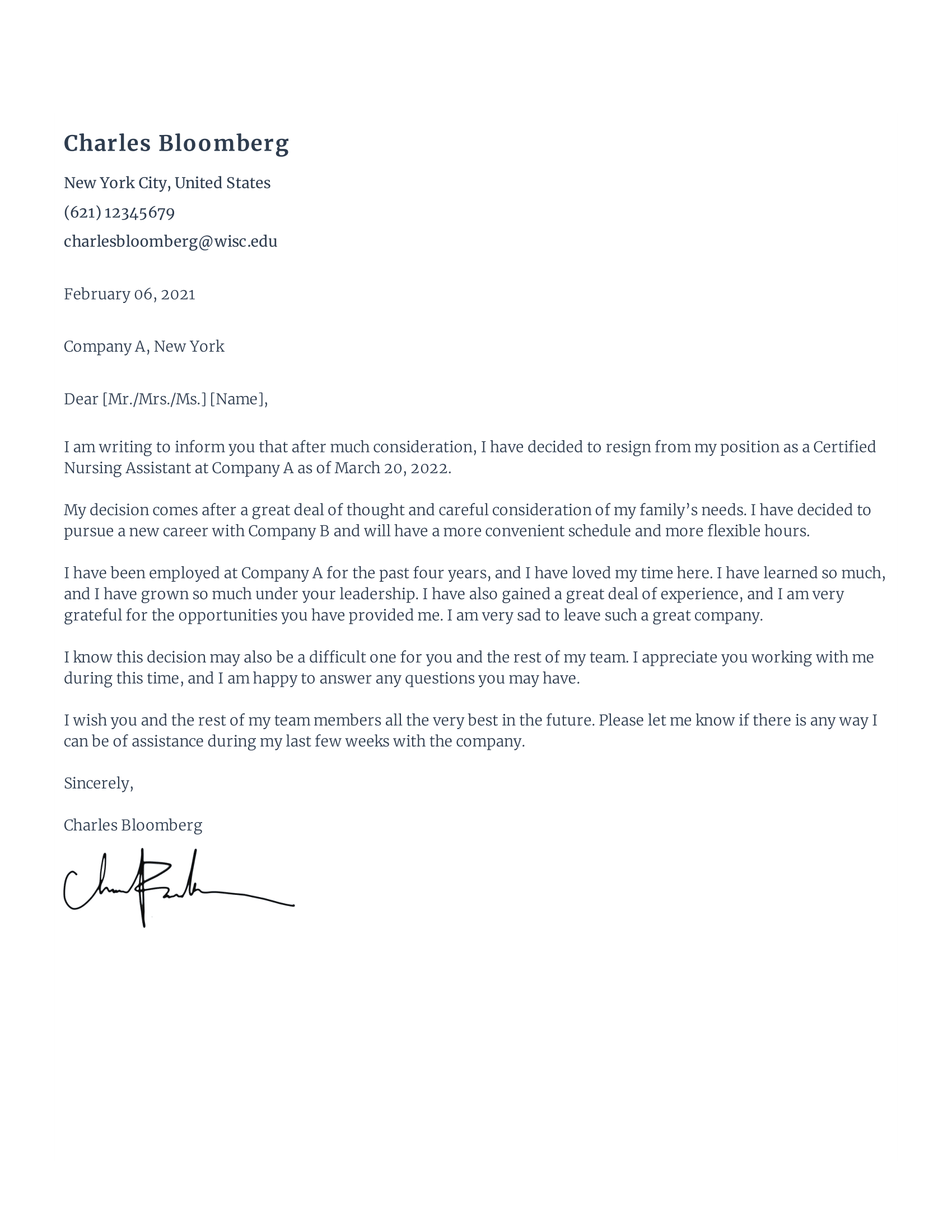 Rezi Certified Nursing Assistant Cna Resignation Letter Template