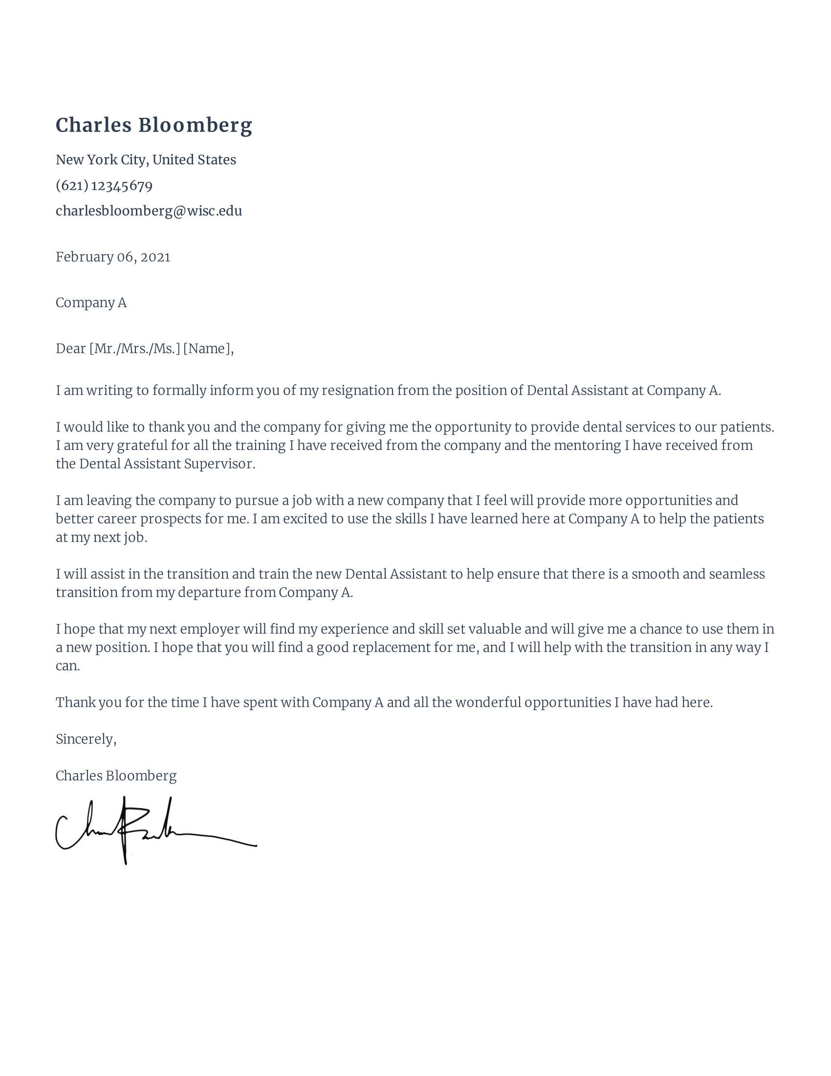 Rezi Dental Assistant Resignation Letter Template