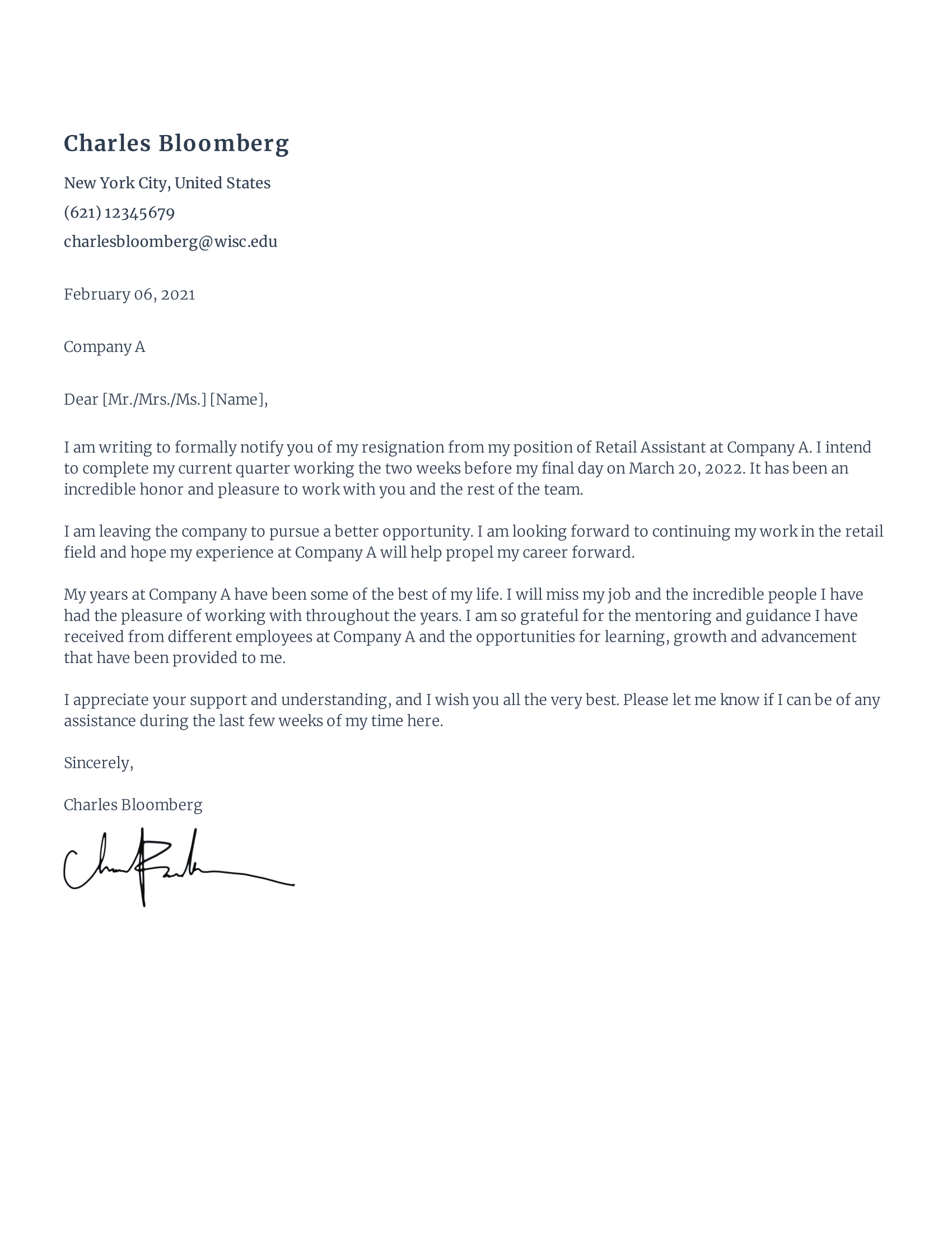 Rezi Retail Assistant Resignation Letter Template