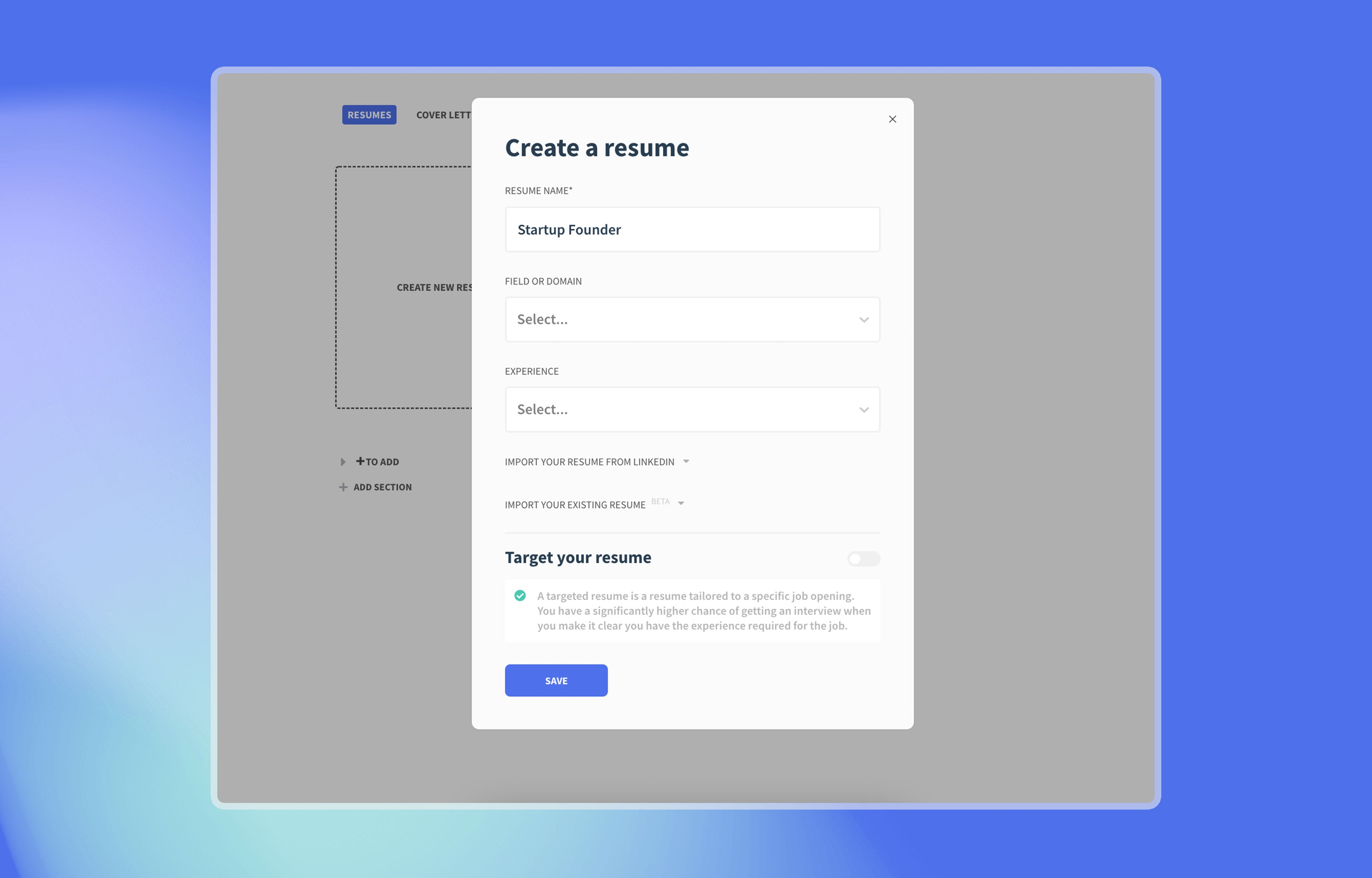 Once you’ve filled in the first few details, there’s a button as shown below where you have the option to create a tailored CV.