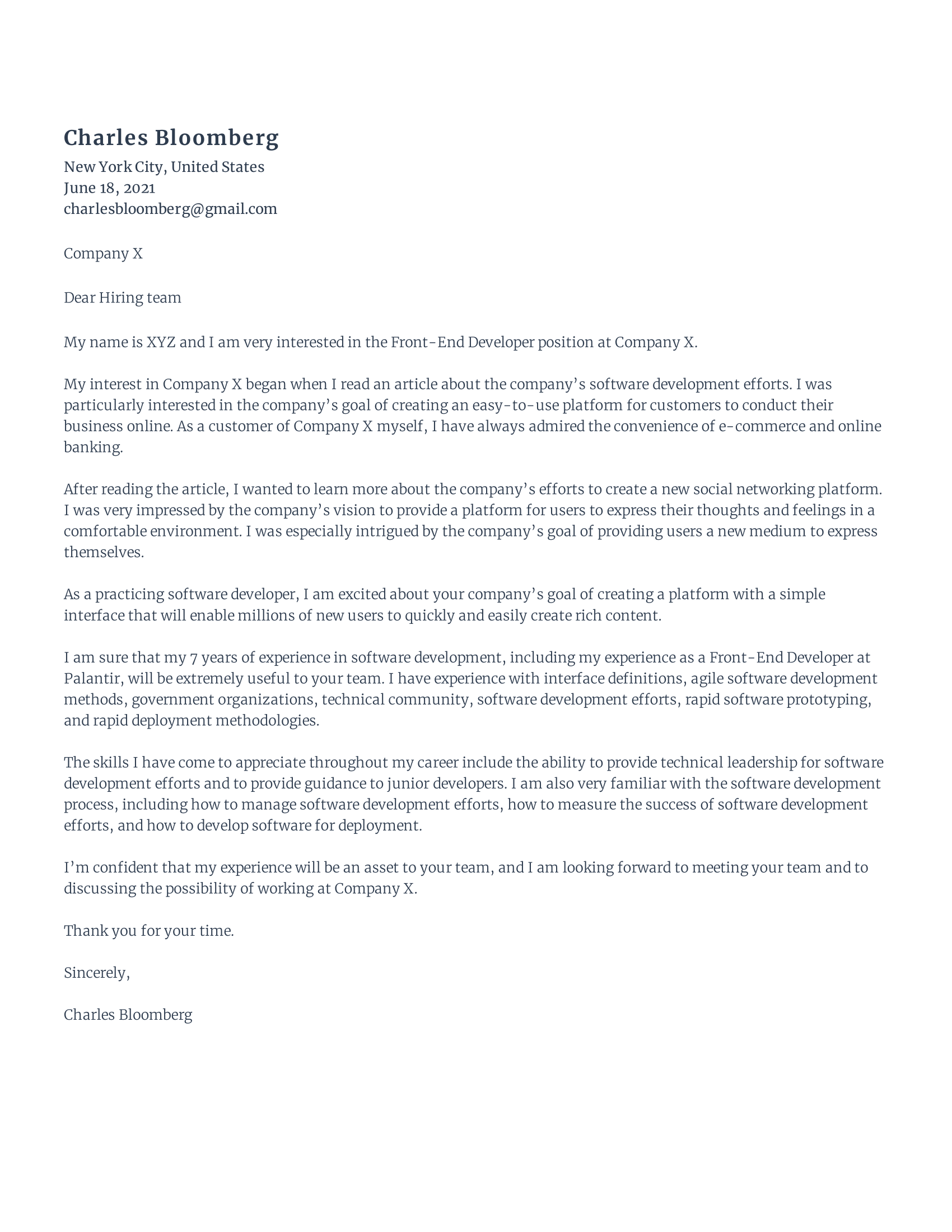Front-end developer Cover Letter template example