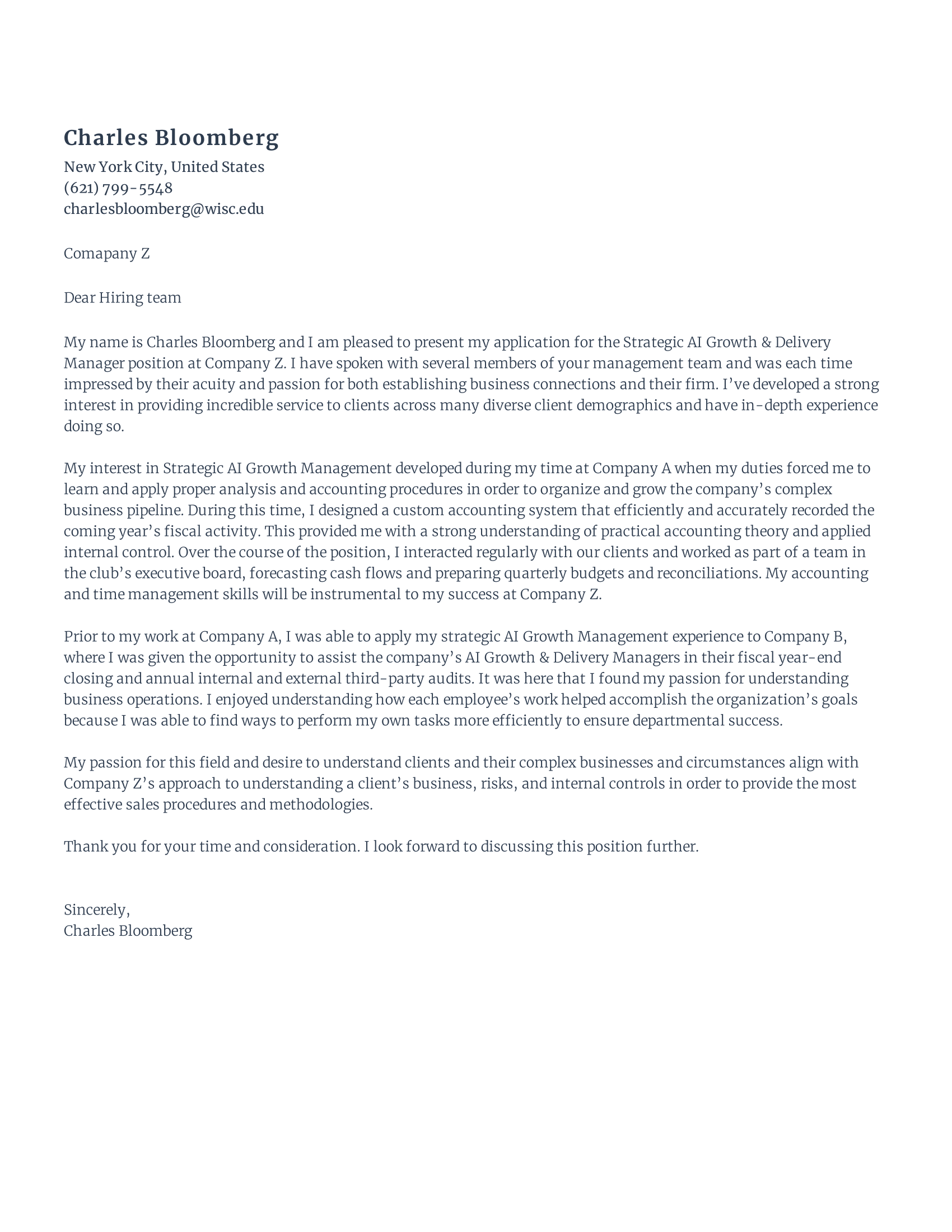 Growth and delivery manager Cover Letter template
