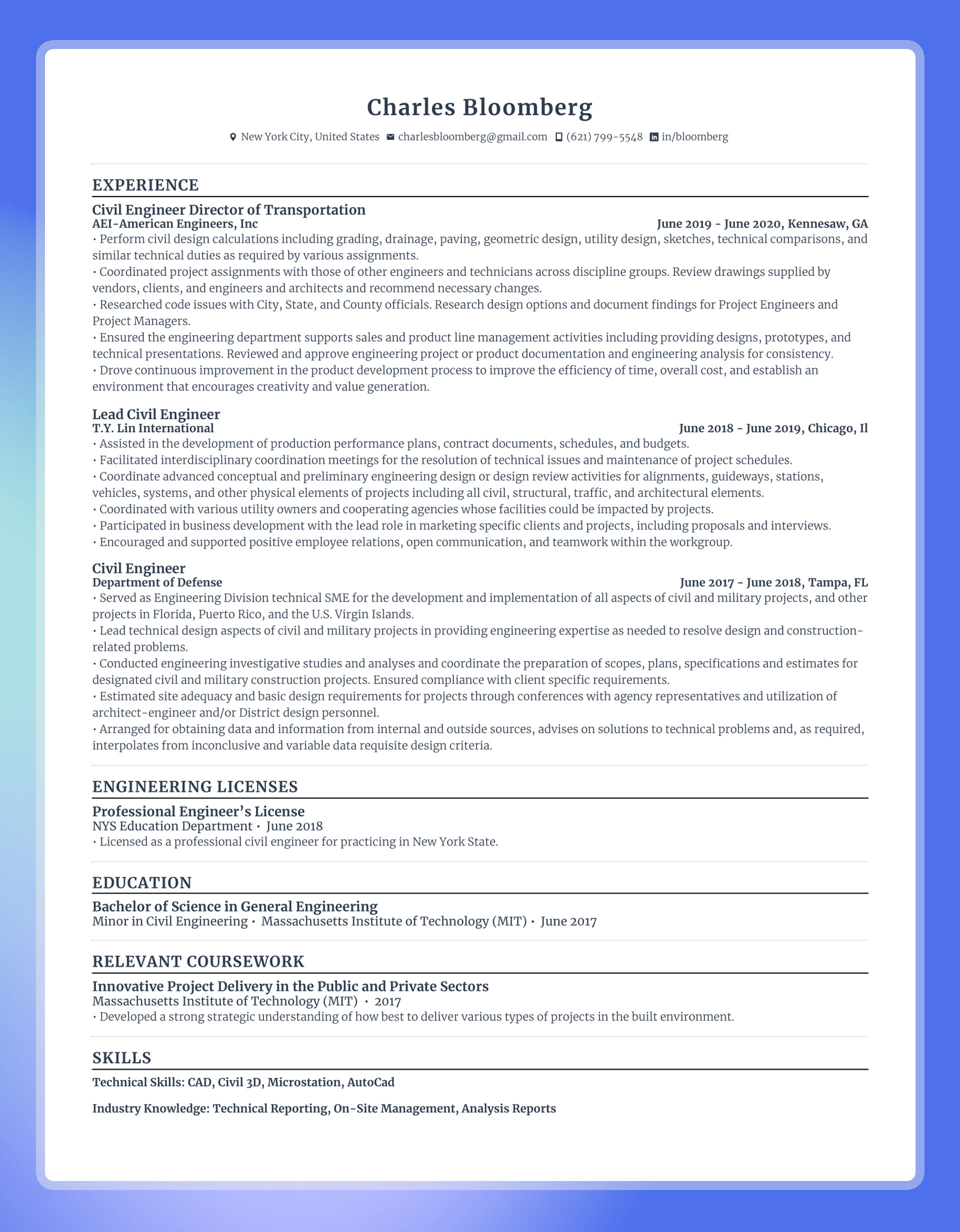 Civil engineer resume template with high amount of experience and skills in related fields from various companies.