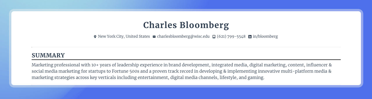 Chief Marketing officer resume header with professional summary background