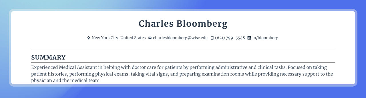 Medical Assistant resume header with professional summary background